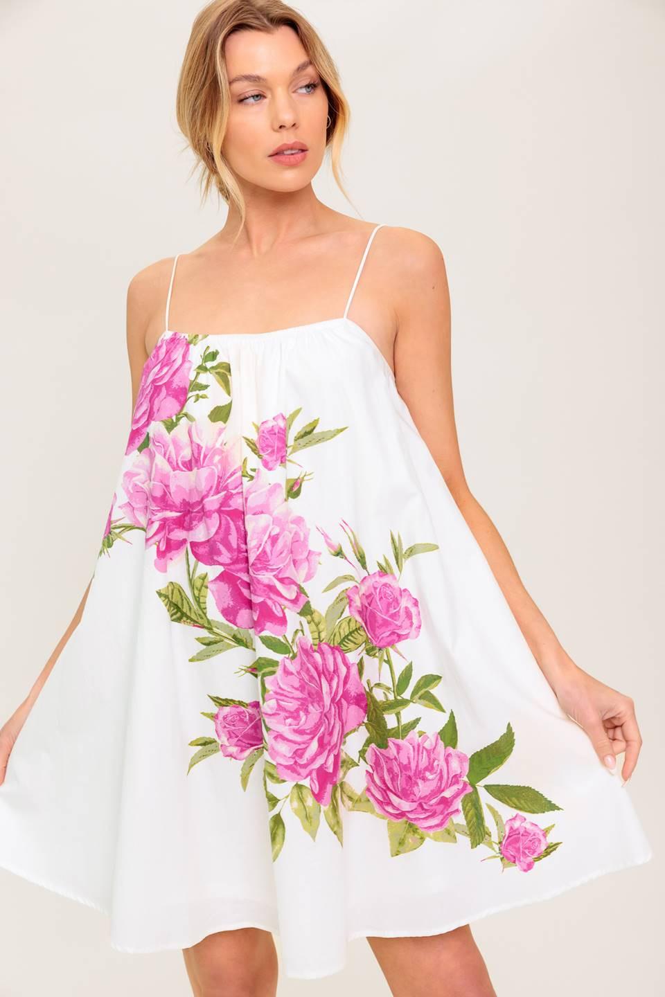 GARDEN WHISPERS PINK FLORAL WOVEN MINI DRESS.
