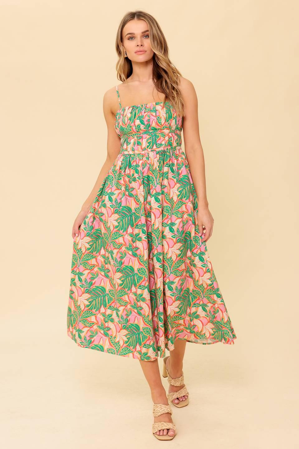 Storytelling Pink Green Woven Midi Dress L Flying Tomato Pink Green / L