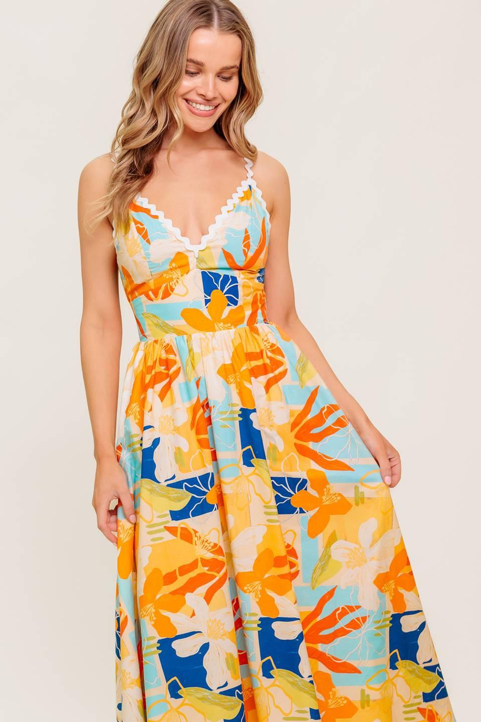 DAWN PETAL KISS WOVEN MIDI DRESS ORANGE/BLUE / L