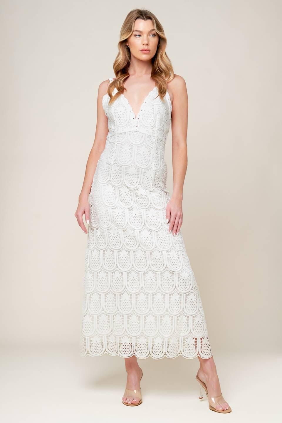 LOVING MENTALITY WHITE WOVEN LACE MIDI DRESS.
