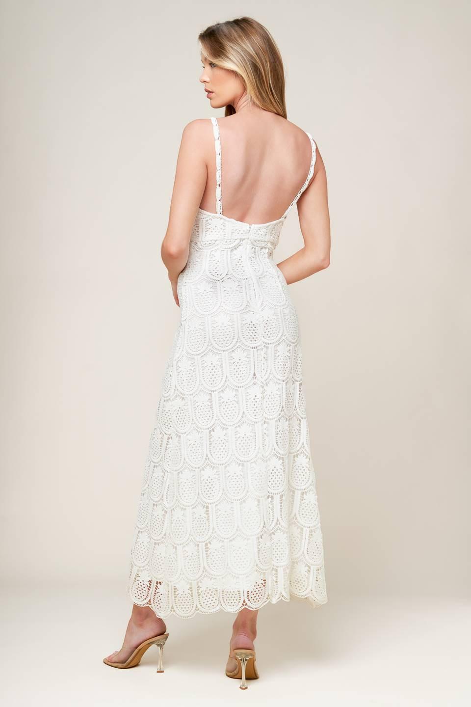 LOVING MENTALITY WHITE WOVEN LACE MIDI DRESS.
