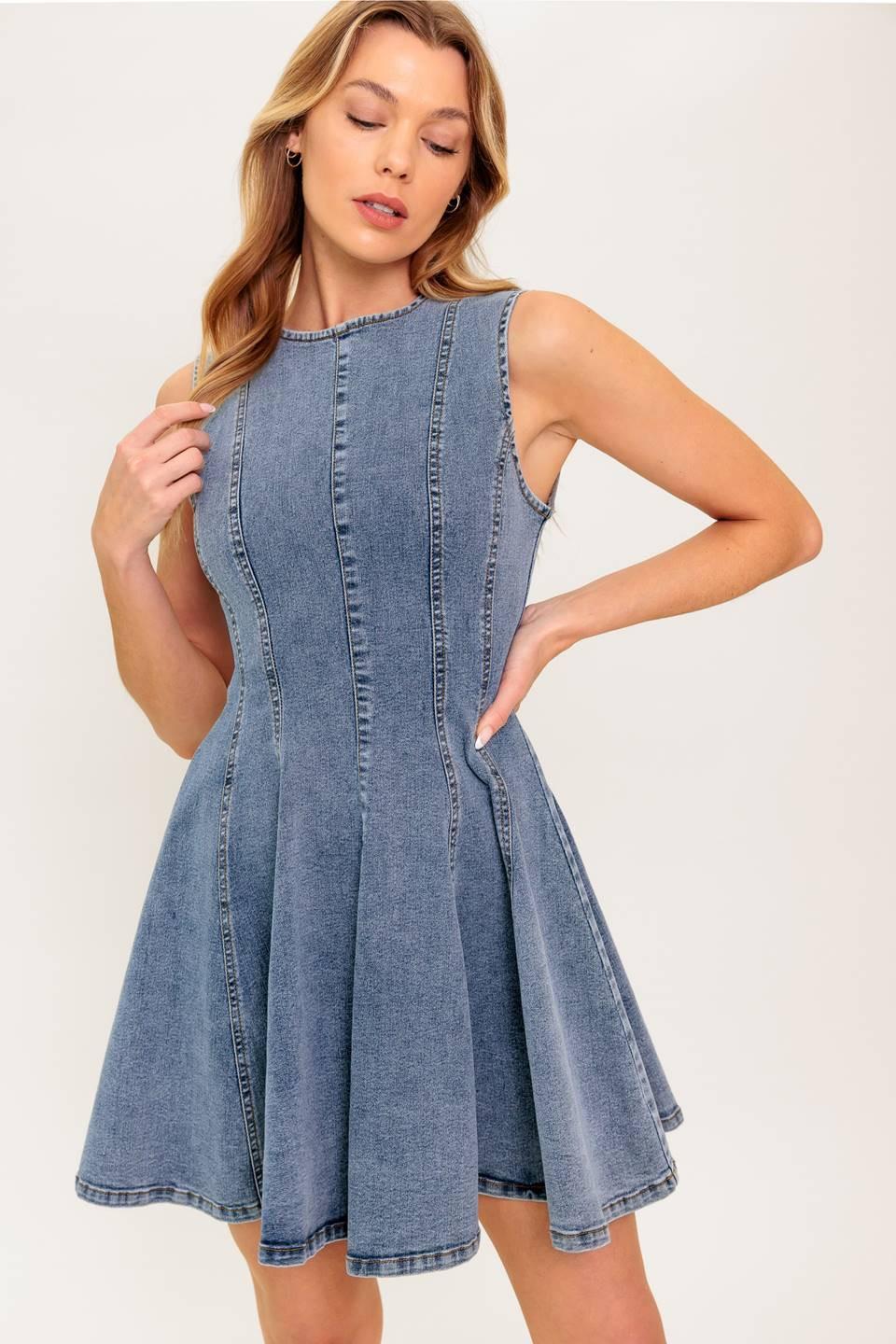 CAUGHT IN A MOMENT DENIM MINI DRESS.
