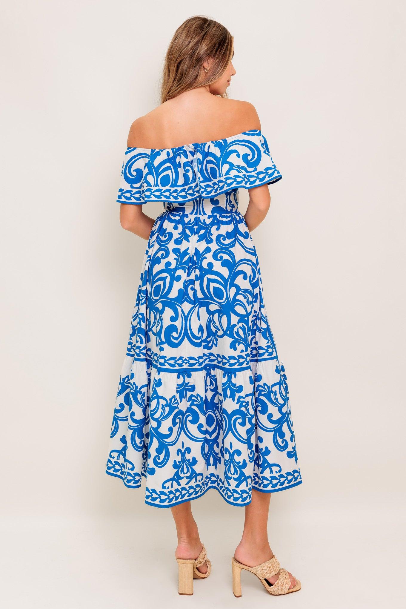 BLOOM SERENADE BLUE WOVEN MIDI DRESS.