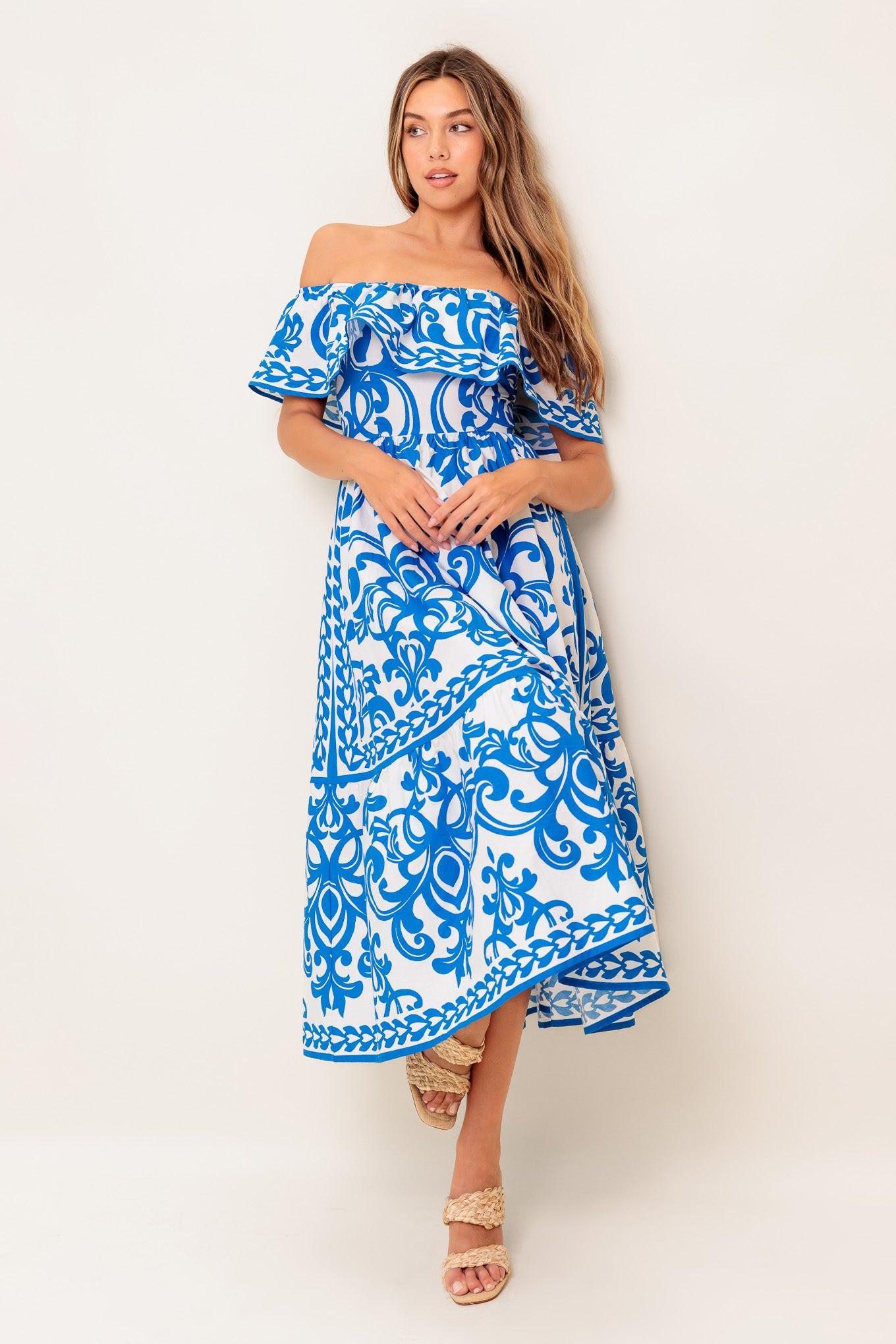 BLOOM SERENADE BLUE WOVEN MIDI DRESS.