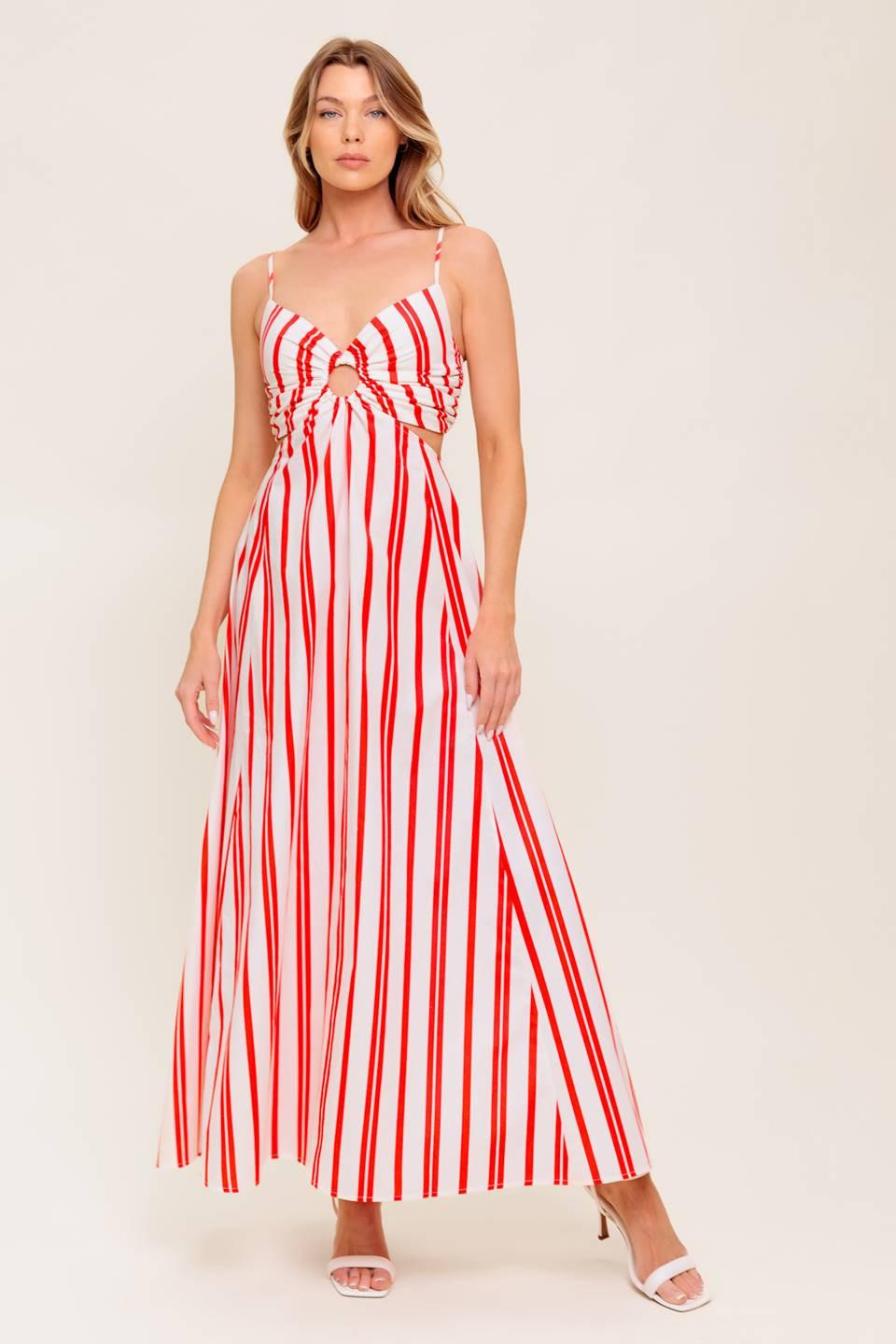DREAM PETALS RED STRIPE WOVEN ANKLE DRESS.