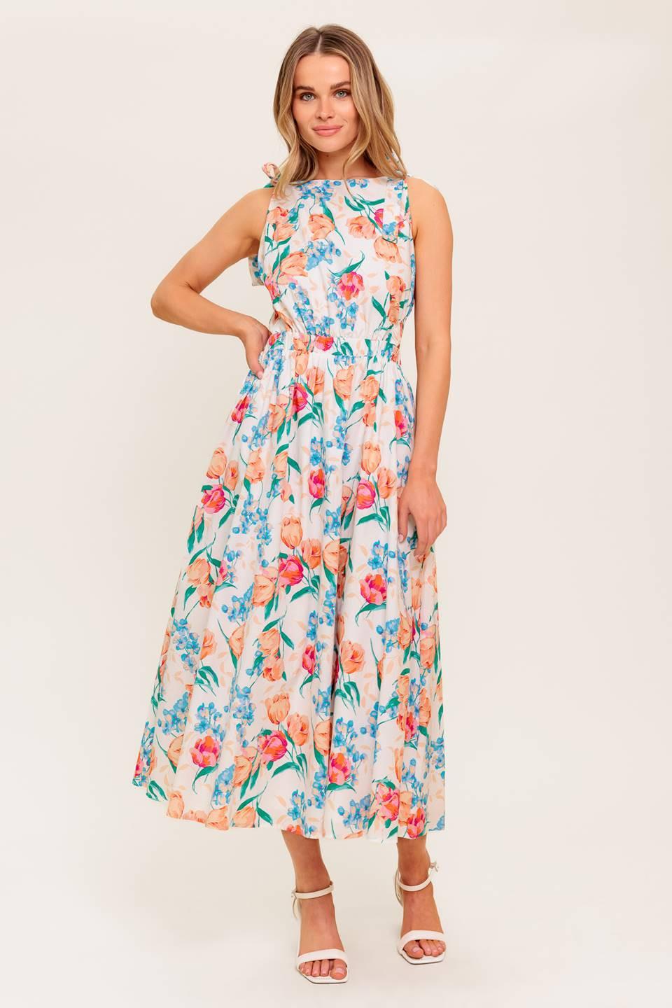 WHISPERING FLORA WOVEN MIDI DRESS.