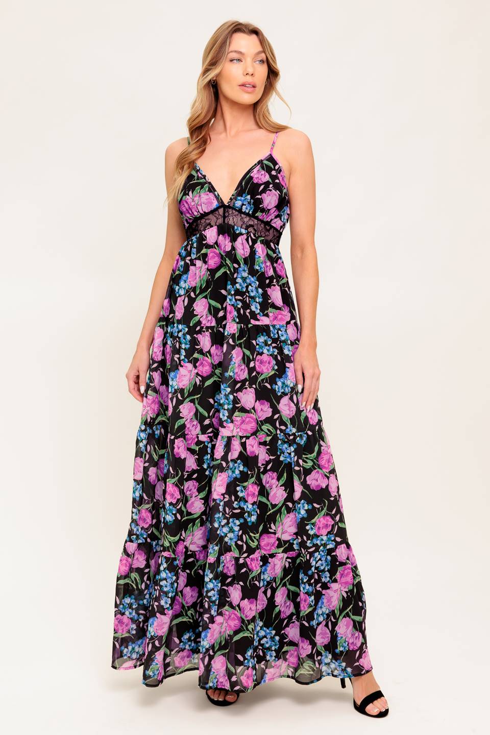 A printed woven maxi dress featuring cami top, lace waistband, tiered skirt and elasticized back waistband
