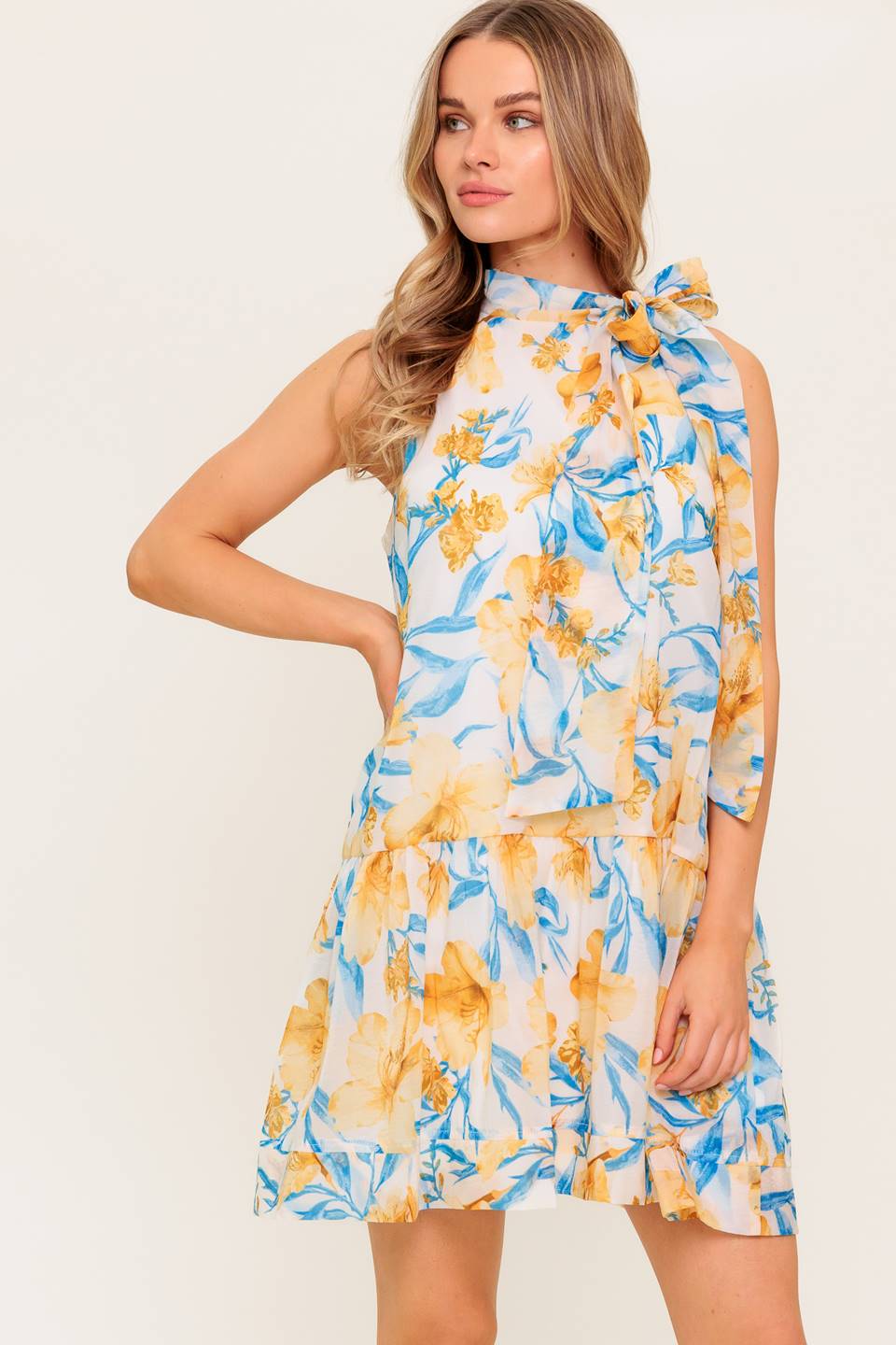 A printed woven mini dress featuring high neckline with bow tie, sleeveless, drop waist, ruffle hemline and back button closure.