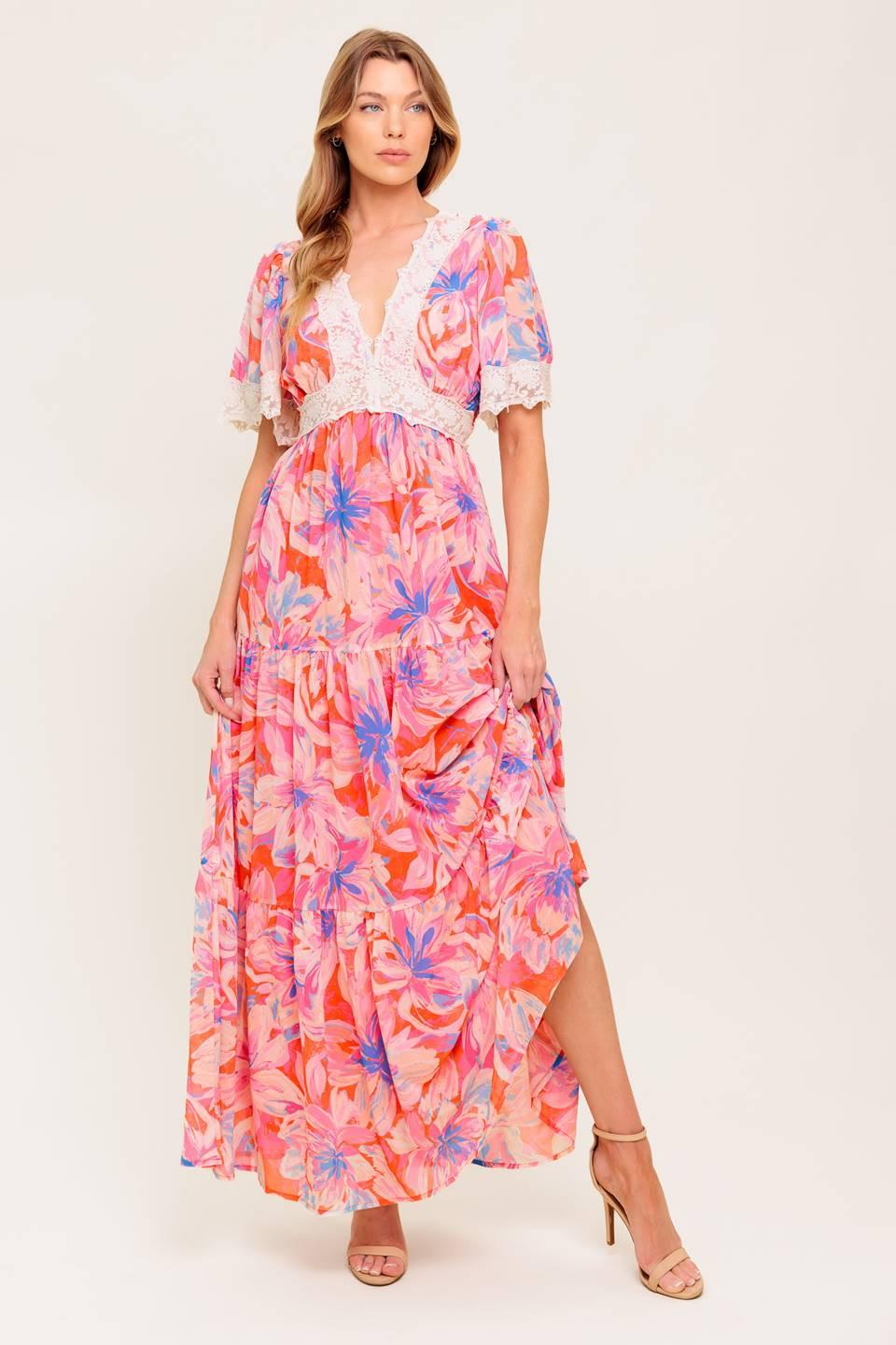 MINIMAL BLOOM WOVEN MAXI DRESS l FLYING TOMATO CORAL BLUE / S