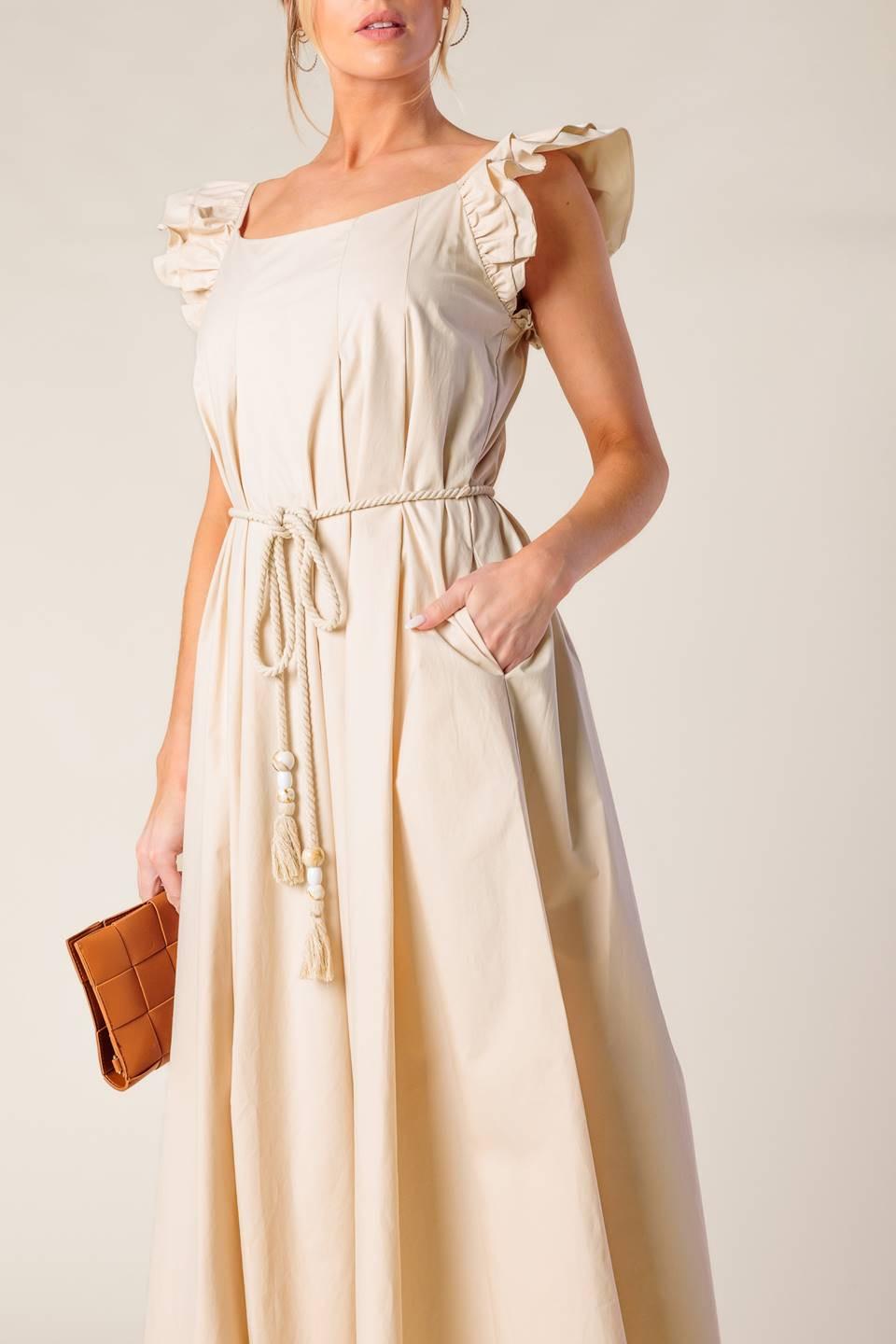 CHAMPAGNE TOAST TAUPE WOVEN MIDI DRESS.