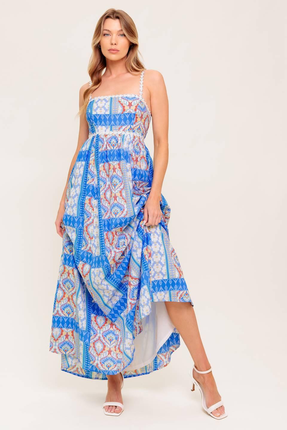LASTING MAGIC BLUE WOVEN MAXI DRESS.