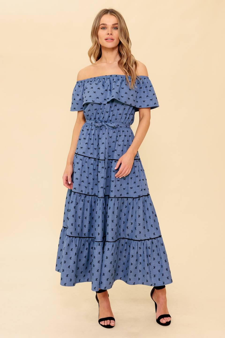chambray off the shoulder dress YOU'RE UNFORGETTABLE WOVEN MDI DRESS l FLYING TOMATO CHAMBRAY / M
