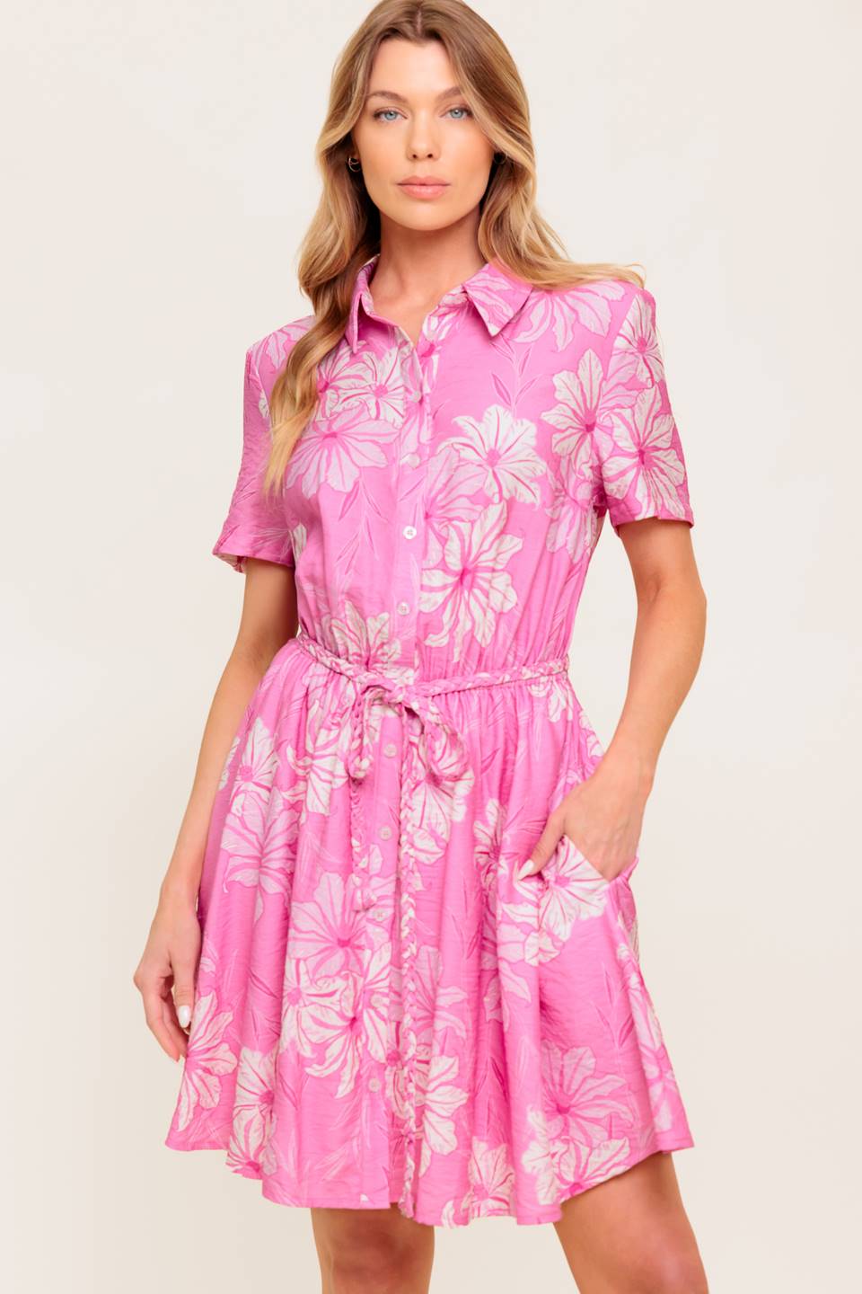 SUMMER SHADE STORY PINK WOVEN MINI DRESS