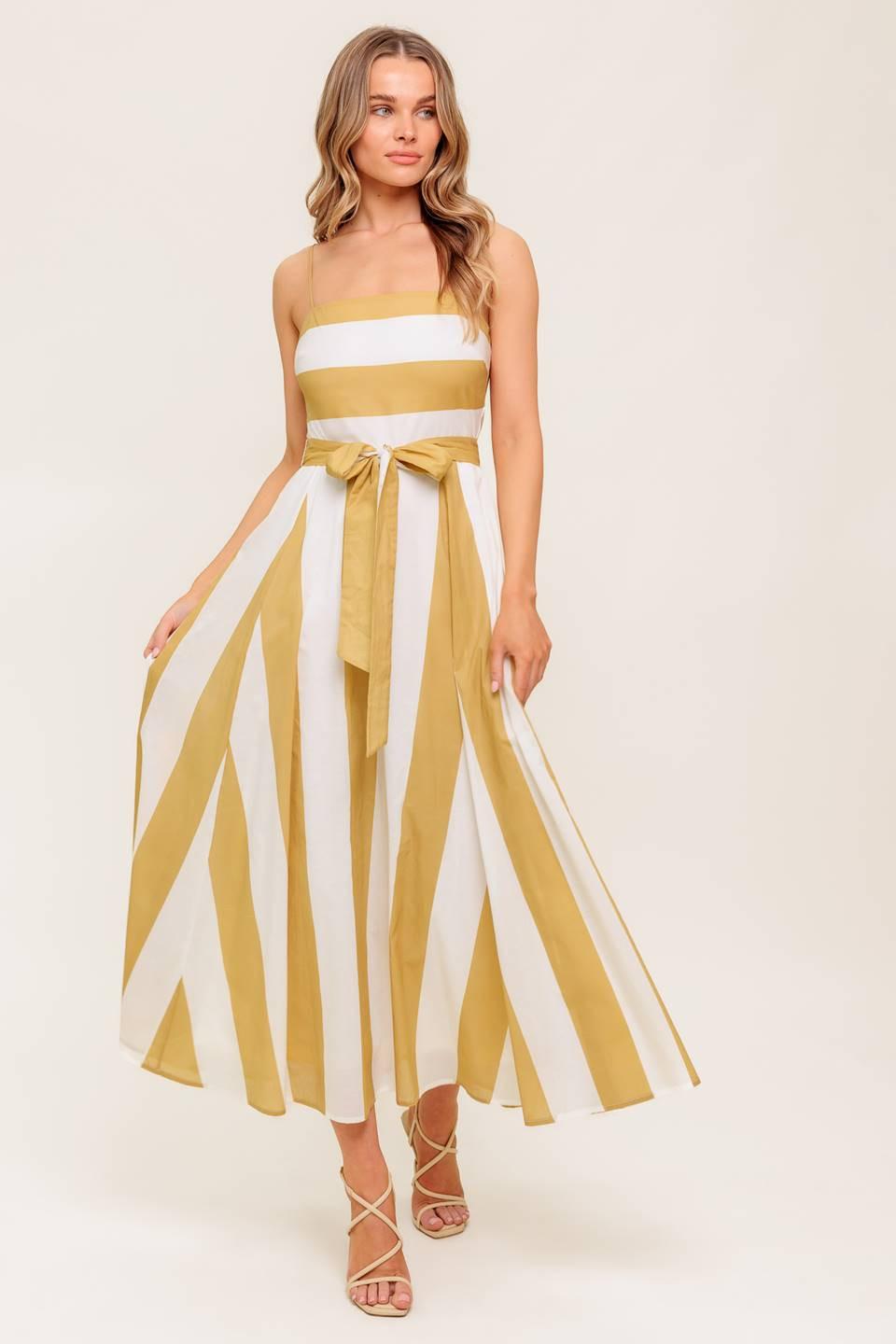 SOFT HORIZON TAUPE WOVEN MIDI DRESS.