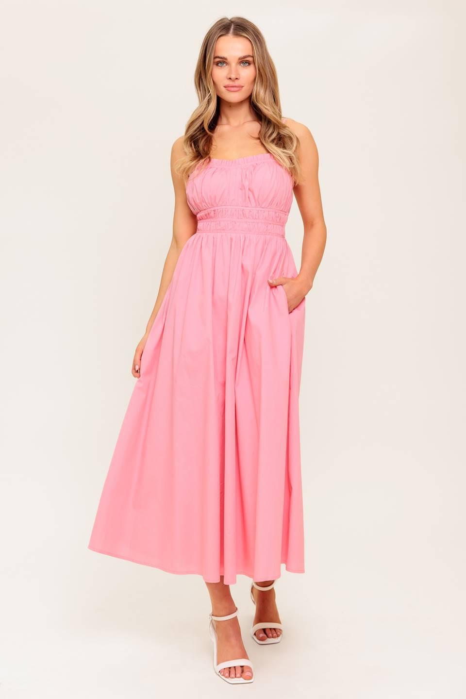 HONEY SUNSET PINK WOVEN MIDI DRESS.