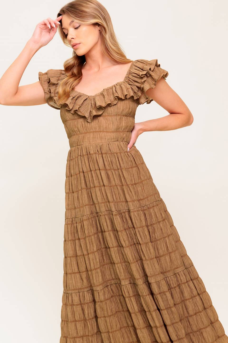 A textured woven midi dress featuring ruffles neckline, short ruffle sleeve, tiered skirt and smocked back bodice.