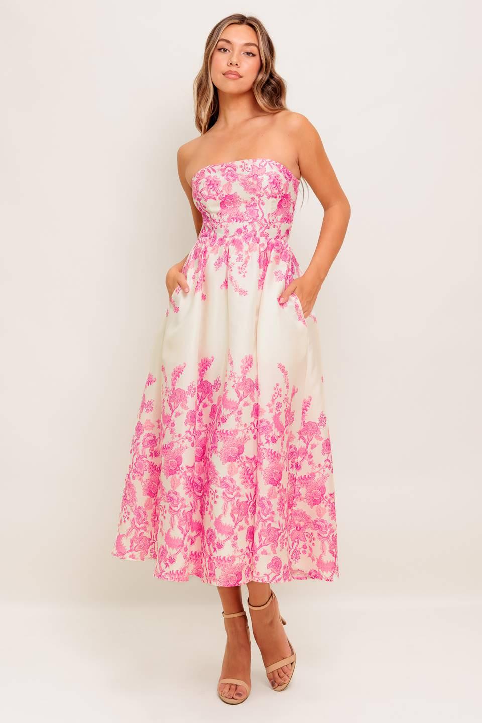 Coco Locos Woven Midi Dress L Flying Tomato Ivory Pink / S