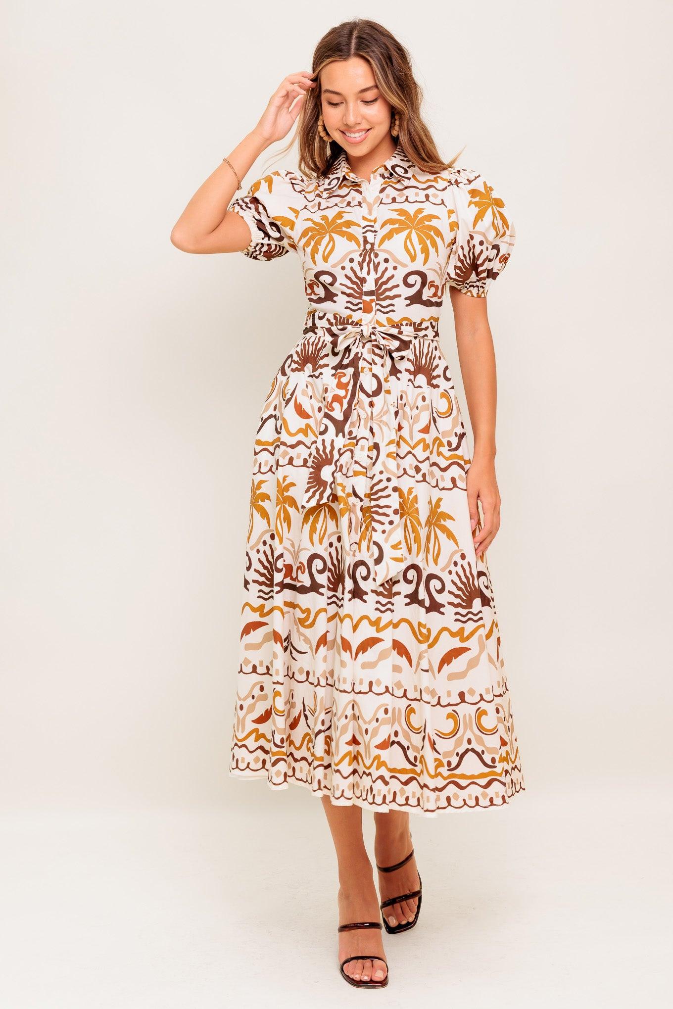 TROPICANA SUNSET WOVEN MIDI DRESS.