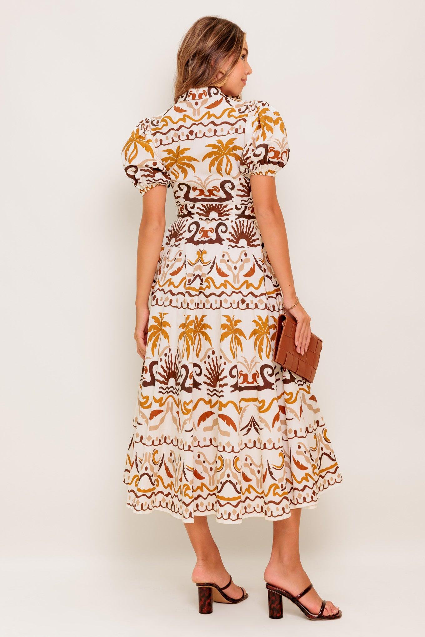 TROPICANA SUNSET WOVEN MIDI DRESS.