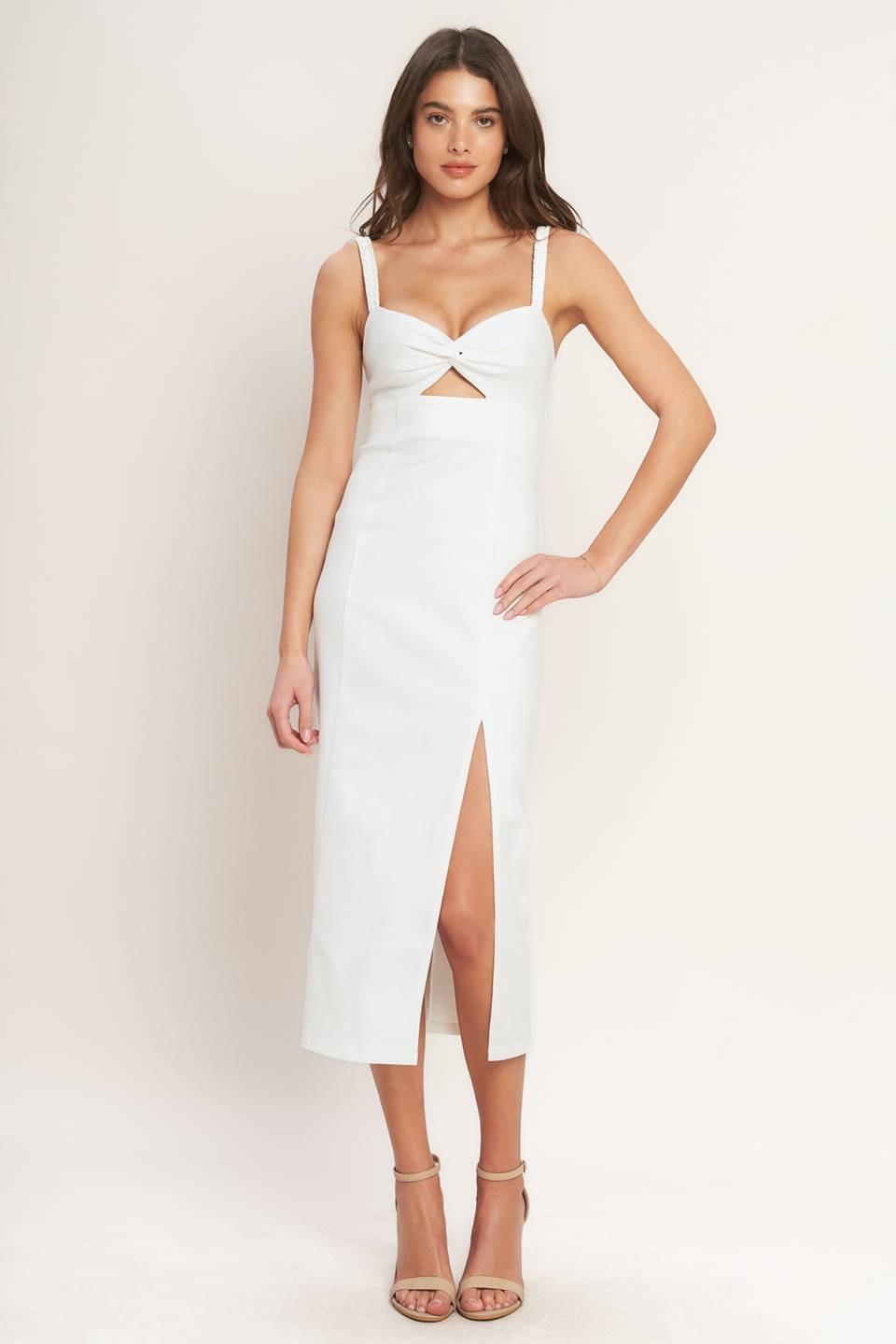 SILENT SHIN TWILL MIDI DRESS.