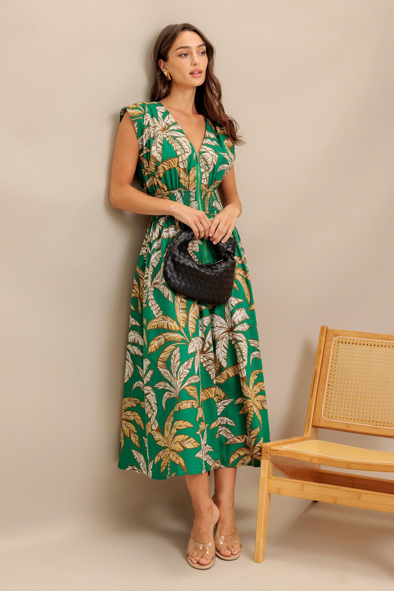 LUSH STILLNESS WOVEN MIDI DRESS.