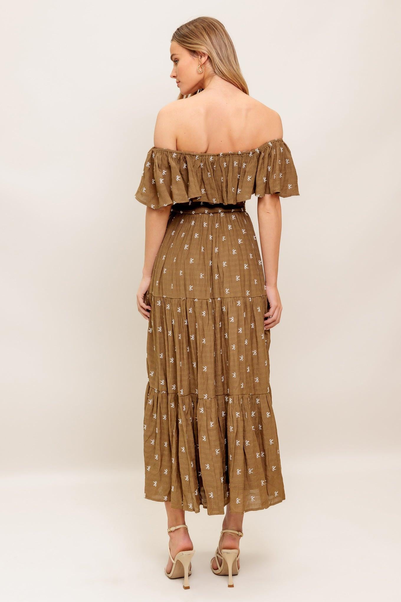 BELLE AMOUR BROWN WOVEN MIDI DRESS.