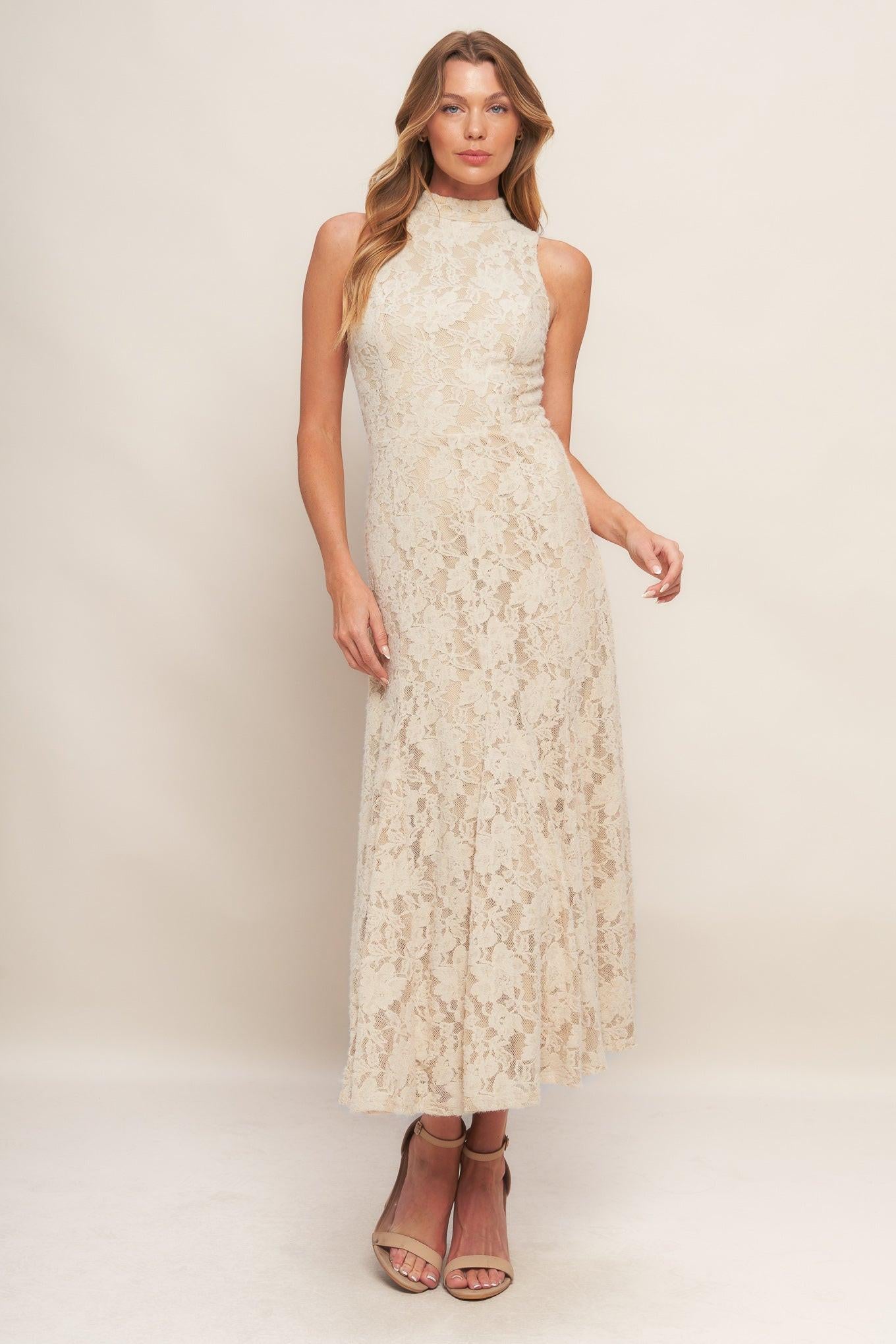 A stretch lace midi dress featuring mock neckline, sleeveless and back zipper closure