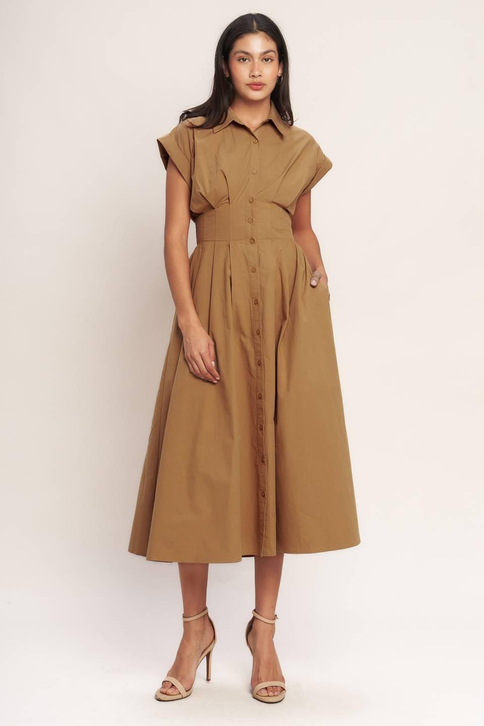 A solid woven midi dress featuring collar, short cuffed sleeve, button down, wide waistband, full skirt and smocked back waistband
Details:
Self : 100% Polyester
Lining : 100% Polyester
Size & Fit
- Model is 5`8" And Wearing Size Small
- Measurements Taken From Size Small
- Approx. Length: 51" Flying Tomato