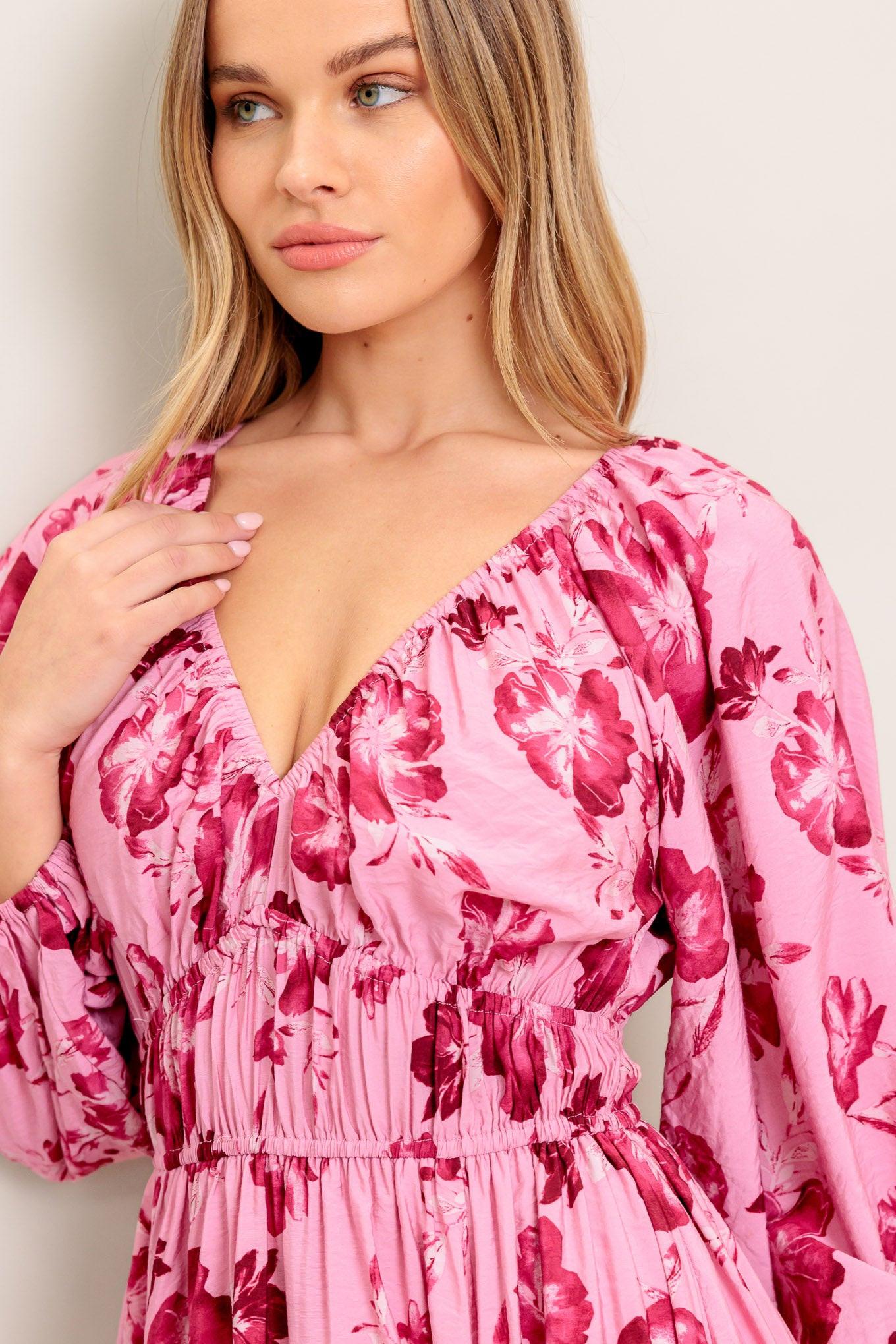 A printed woven midi dress featuring V neckline, 3/4 sleeve, waist yoke and elasticized waist