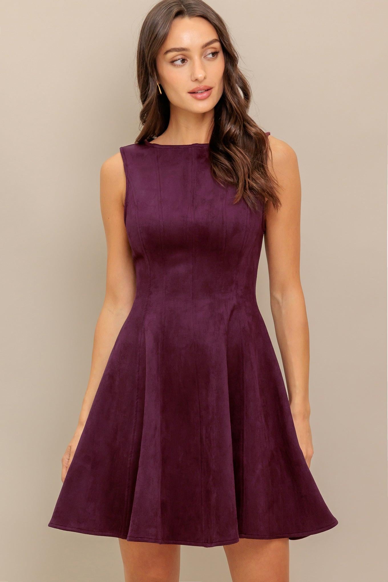 WINE IN THE SUN FAUX SUEDE MINI DRESS.