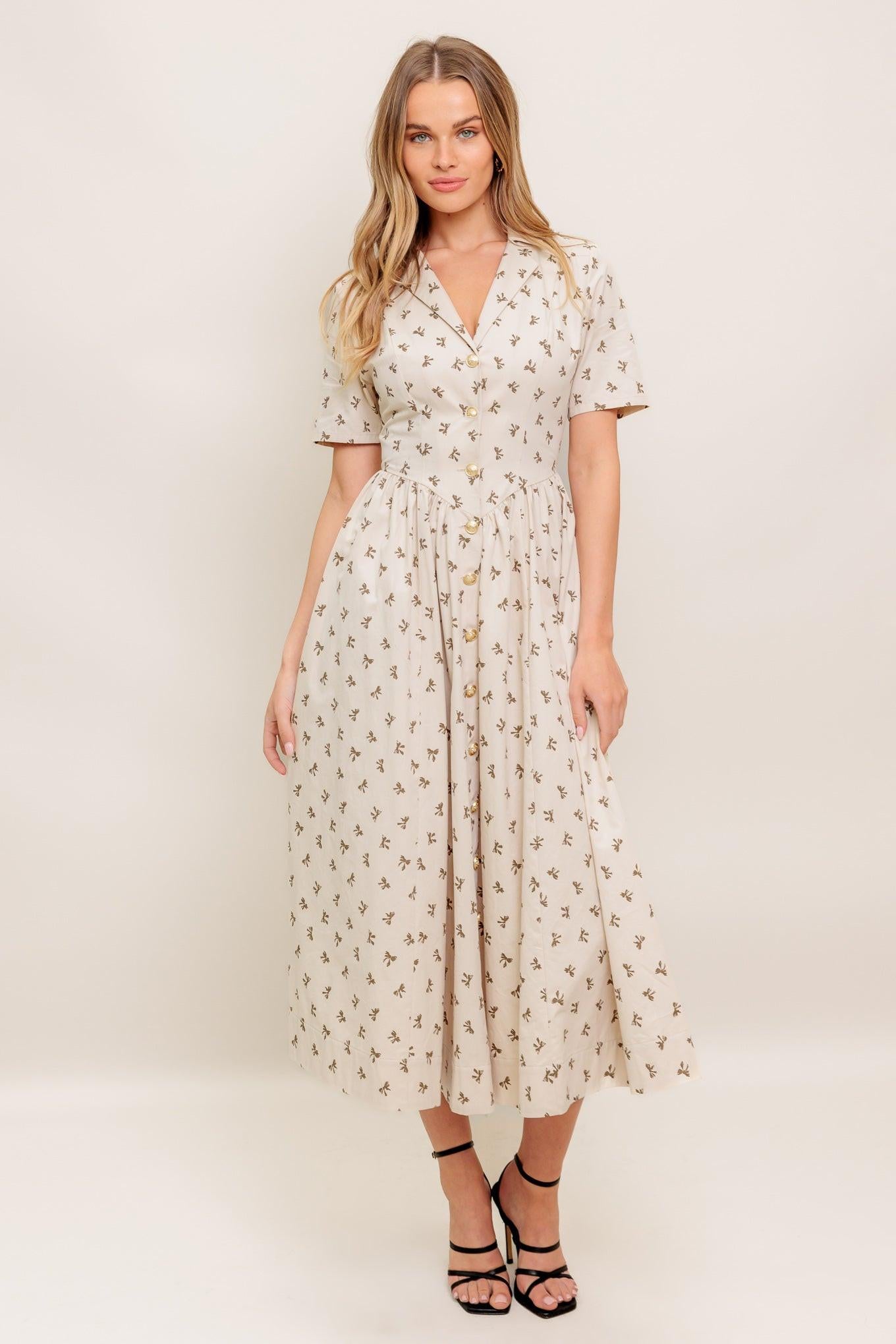 CANDY KISS BEIGE WOVEN MIDI DRESS.