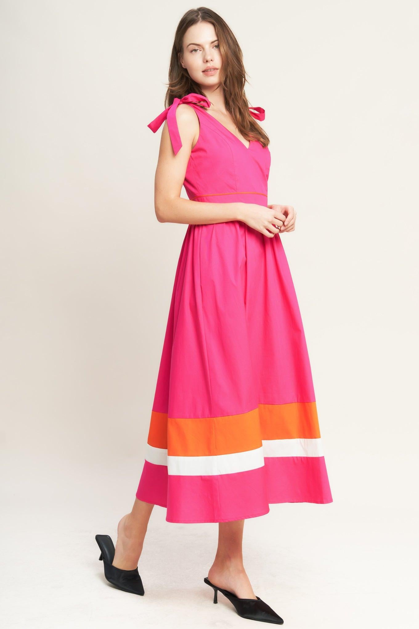 FOREST CHARM FUCHSIA ORANGE WOVEN MIDI DRESS.