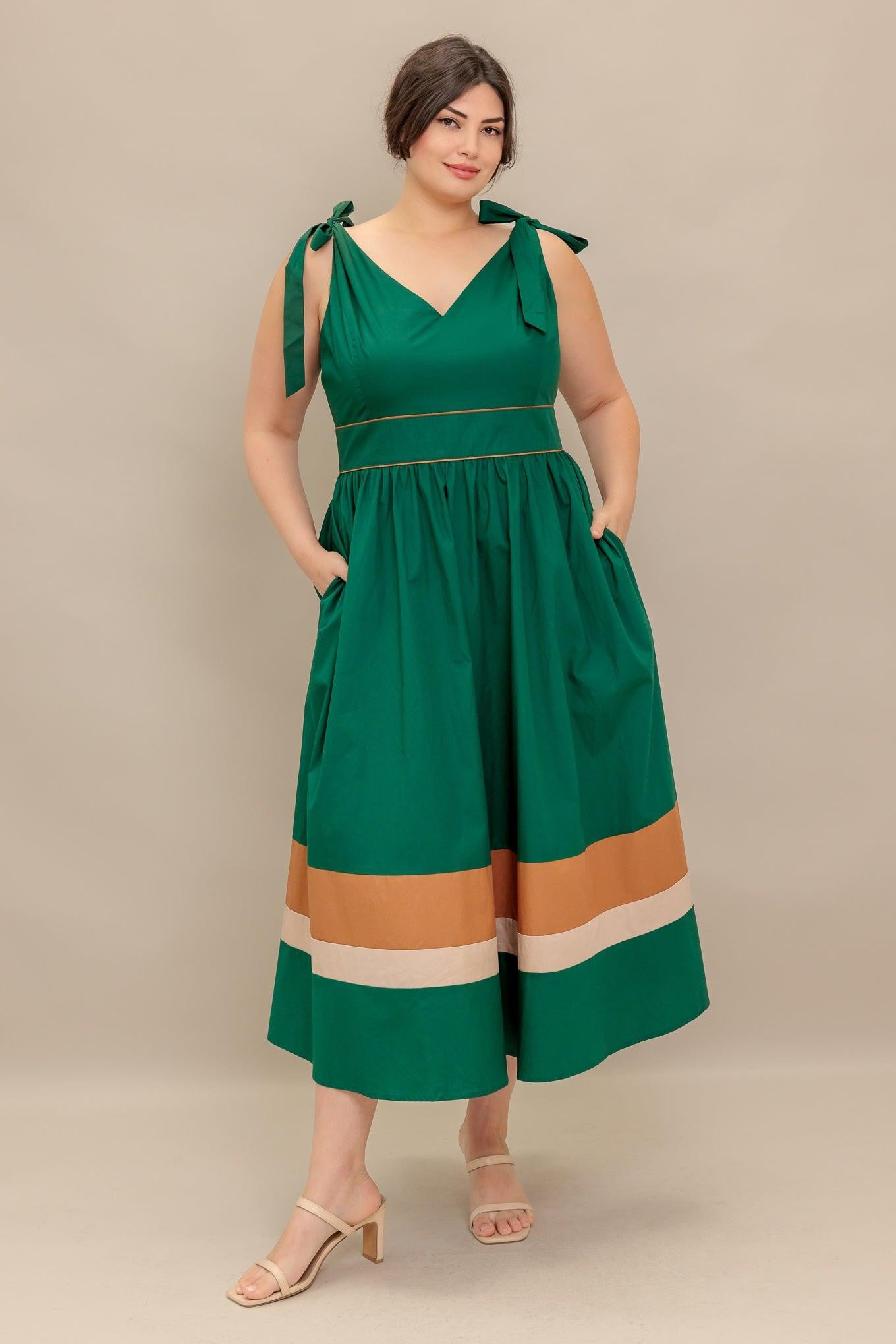FOREST CHARM WOVEN COLOR BLOCKED MIDI DRESS.