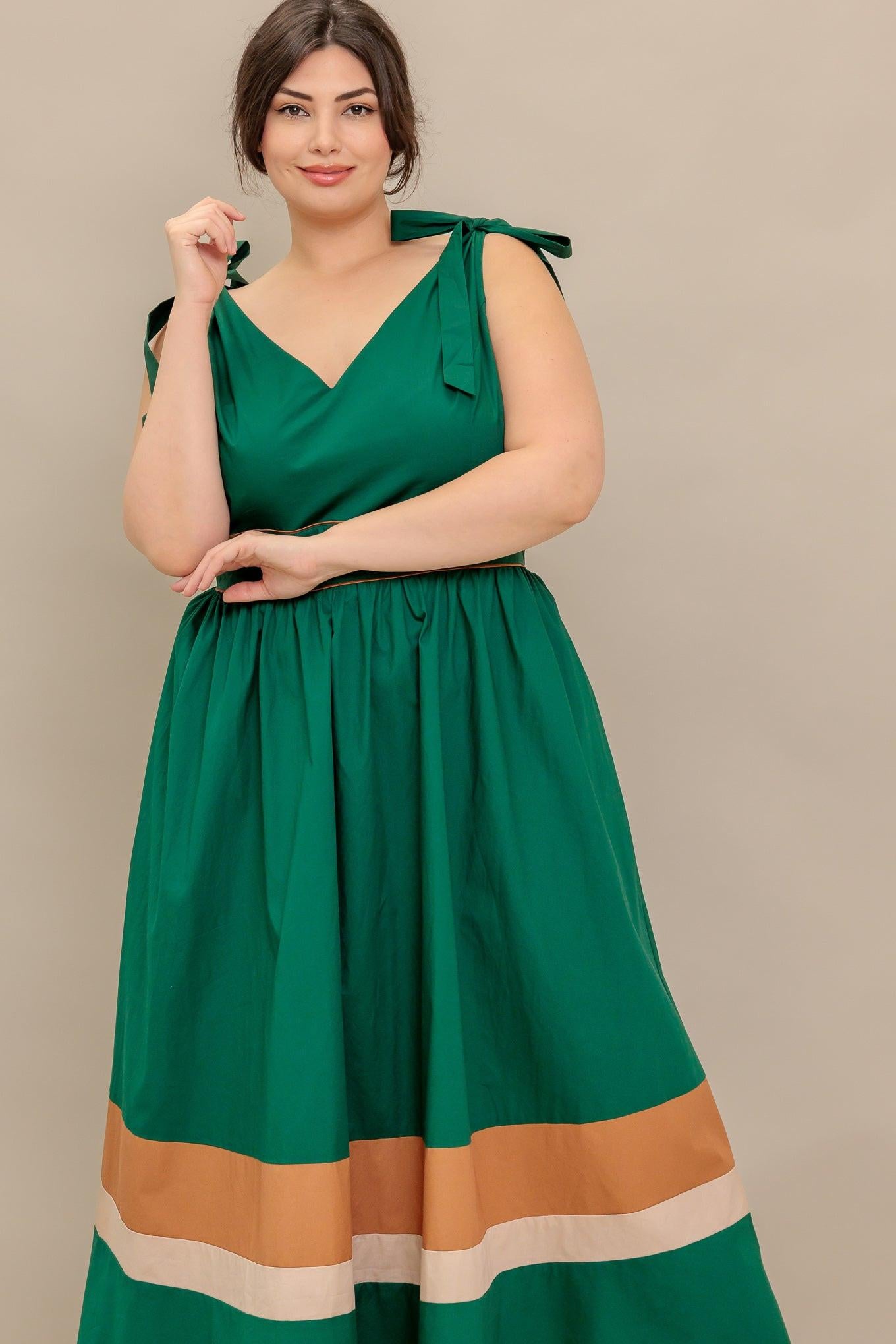 FOREST CHARM WOVEN COLOR BLOCKED MIDI DRESS.