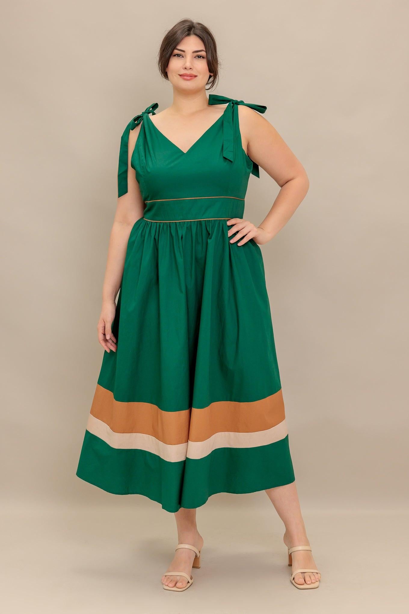 FOREST CHARM WOVEN COLOR BLOCKED MIDI DRESS.