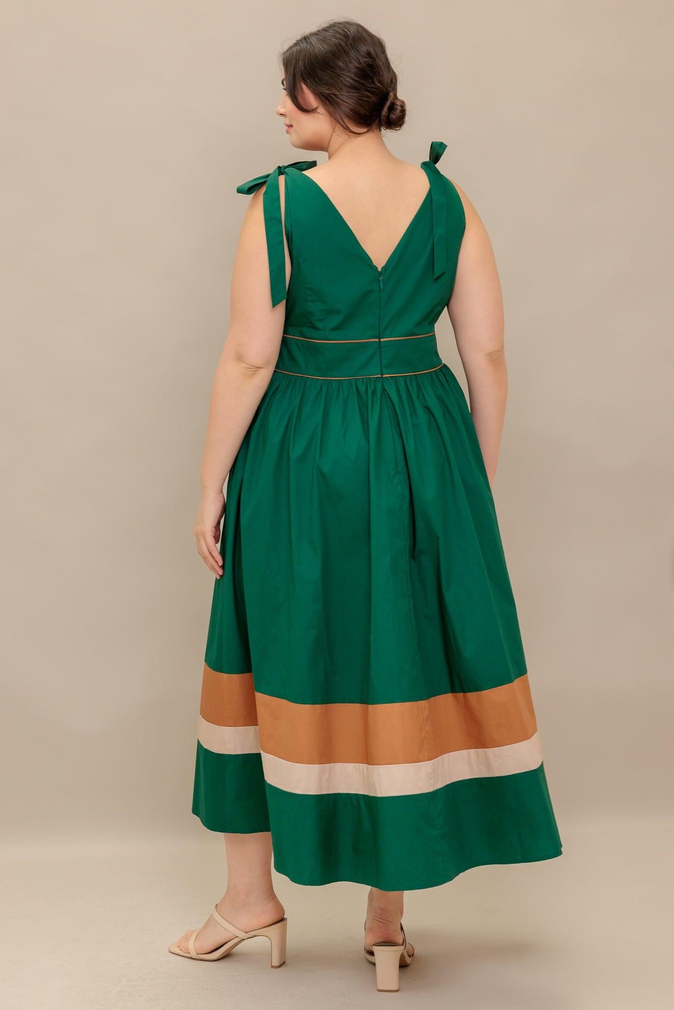 FOREST CHARM WOVEN COLOR BLOCKED MIDI DRESS.