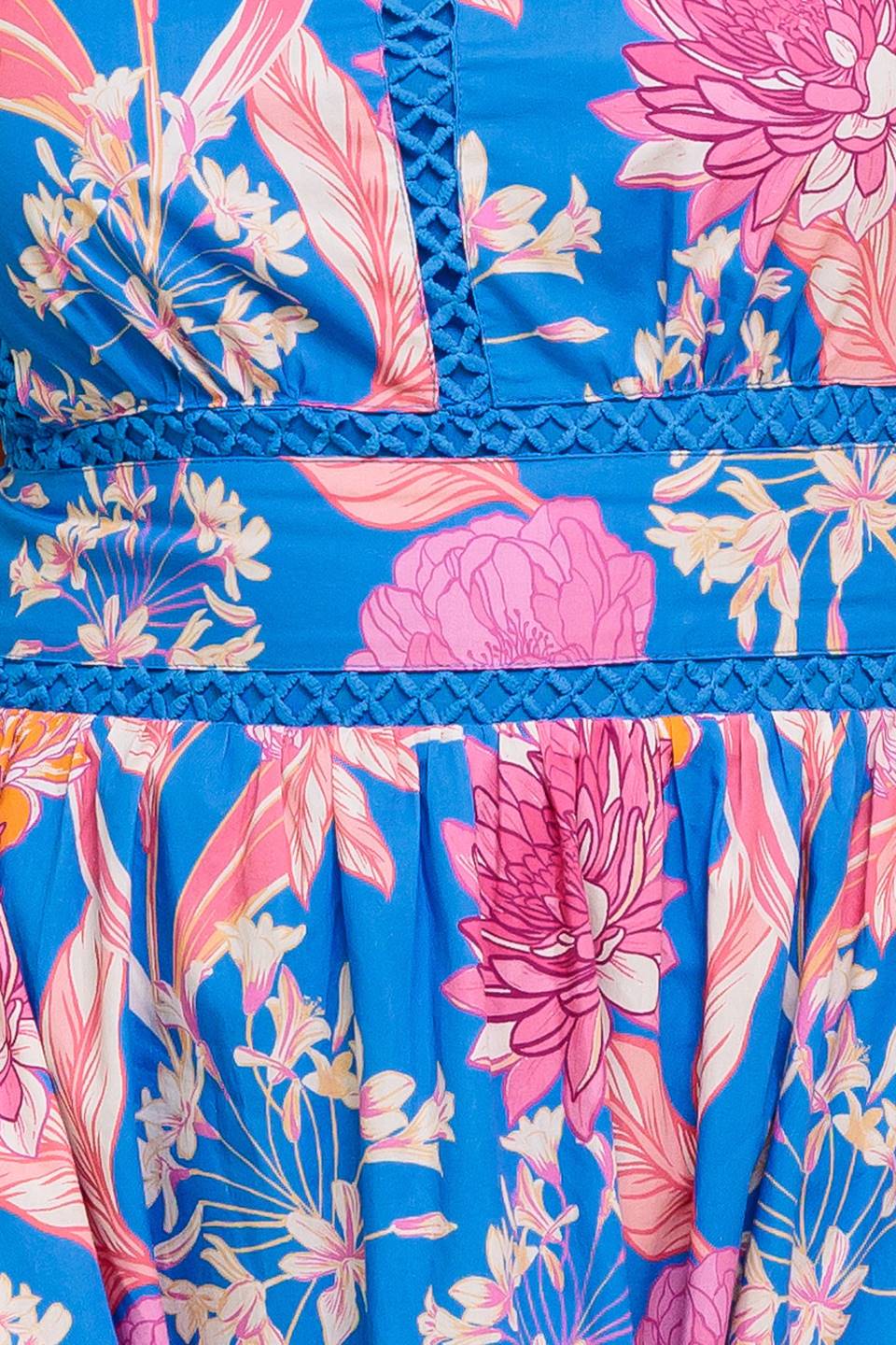 A printed woven midi dress featuring halter neckline, lace inset detail, full skirt, bare back with tie and smocked back waistband