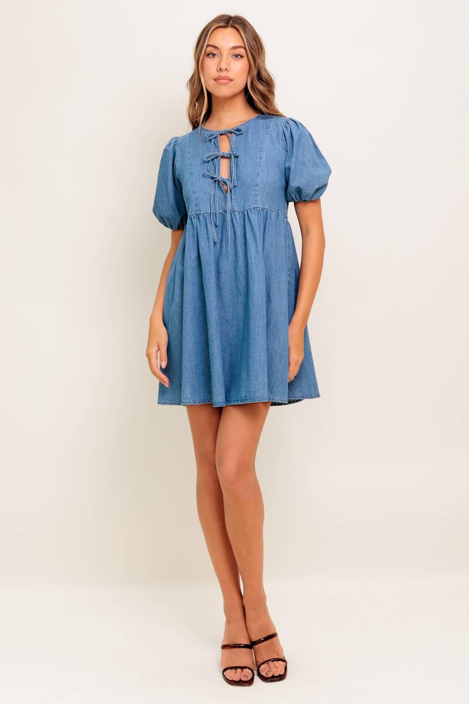 SUNSET GETAWAY DENIM MINI DRESS.