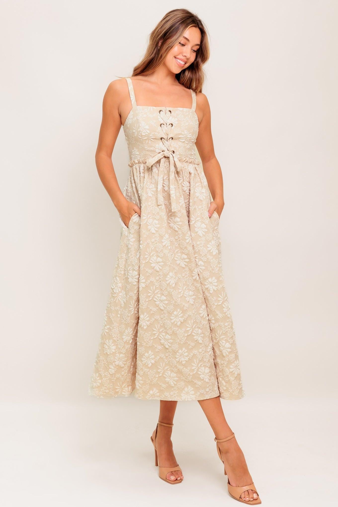 SOFT SUNSET STORY WOVEN MIDI DRESS.