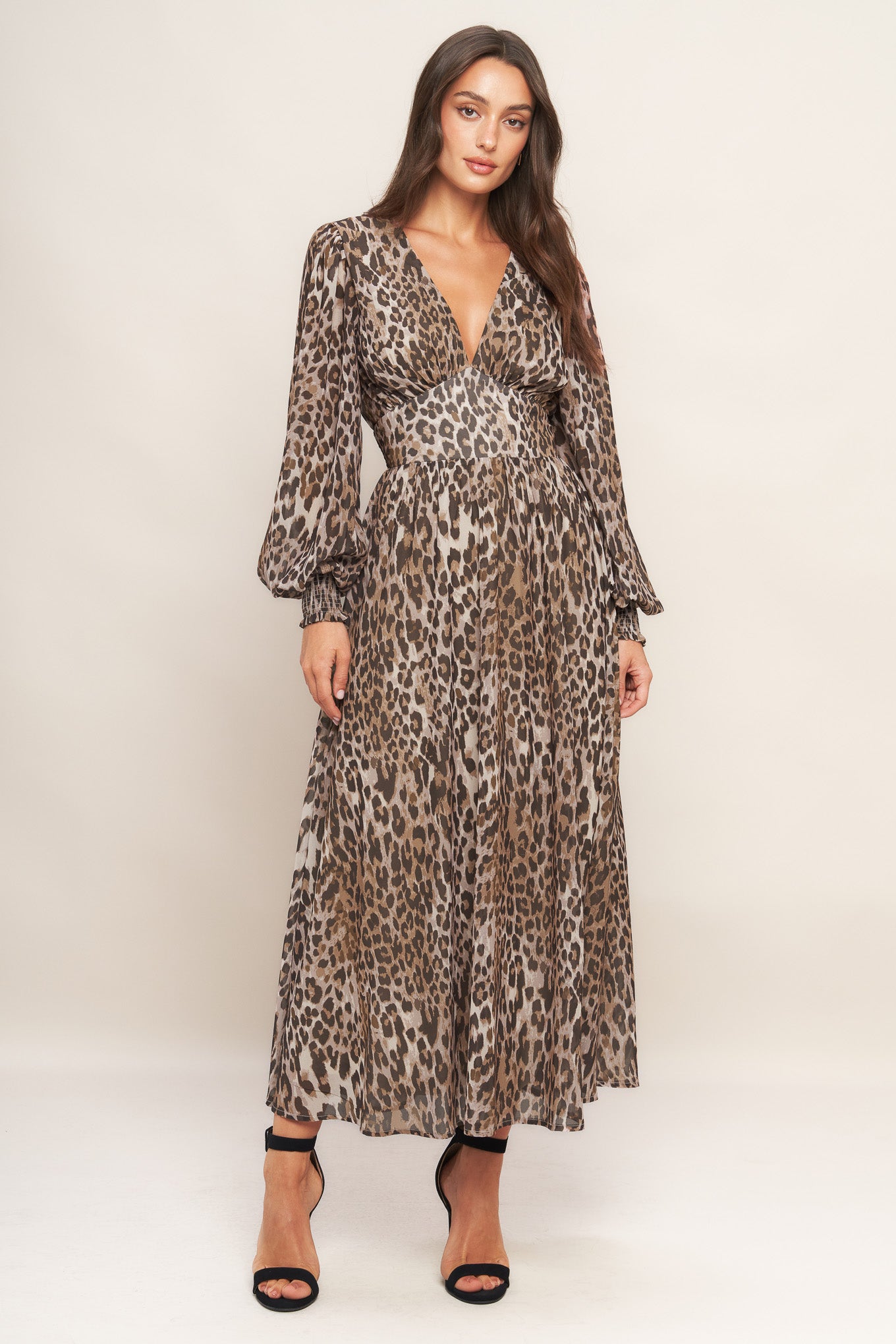 A printed woven midi dress featuring V neckline, long sleeve with smocked cuff, waist yoke and smocked back waist band