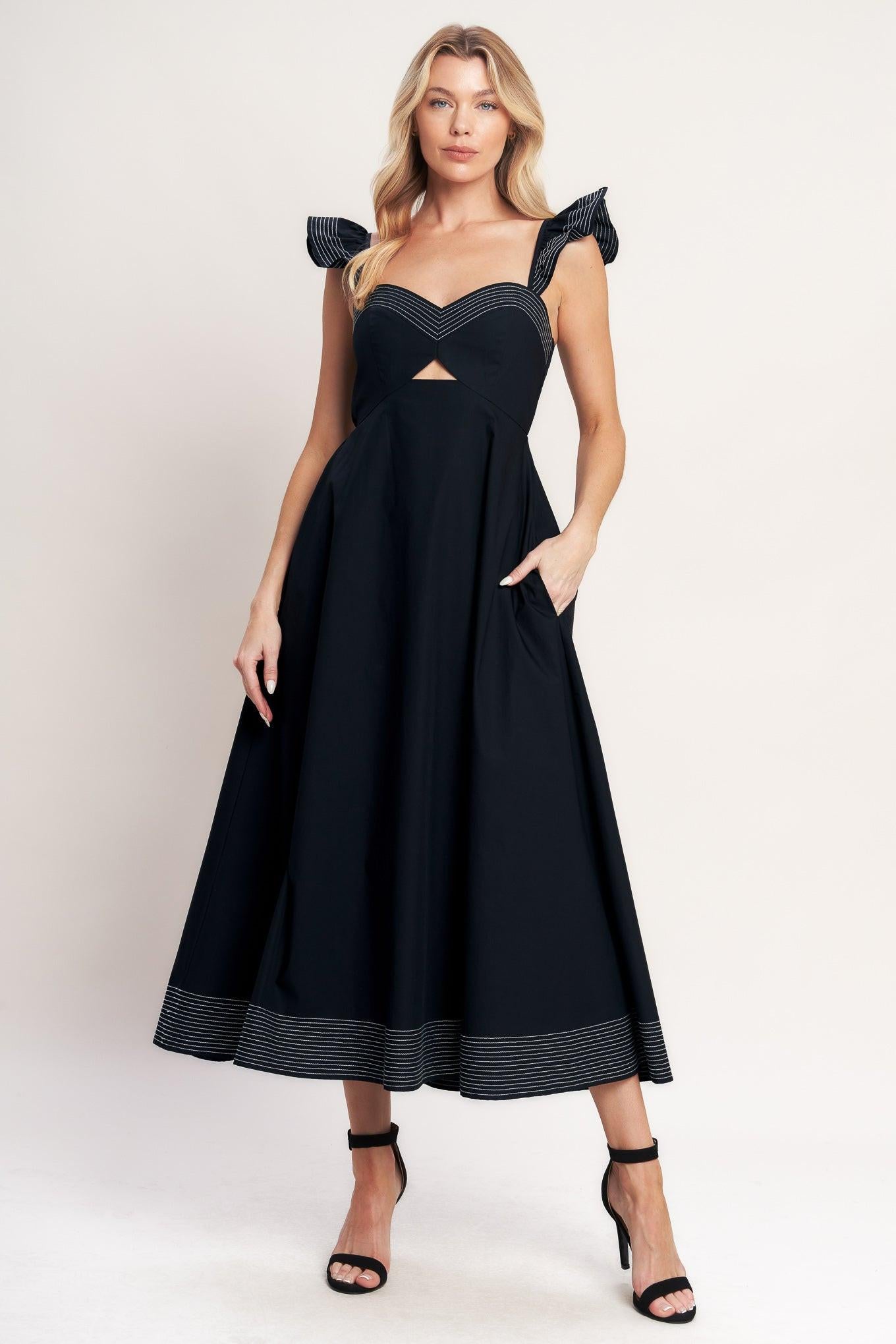 A solid woven midi dress featuring sweetheart neckline, flutter sleeve, center front cut out, circle skirt and smocked back bodice
Details:
Self: 100% Cotton
Size & Fit
-Model is 5`8" And Wearing Size Small
-Measurements Taken From Size Small
-Approx. Length: 51"