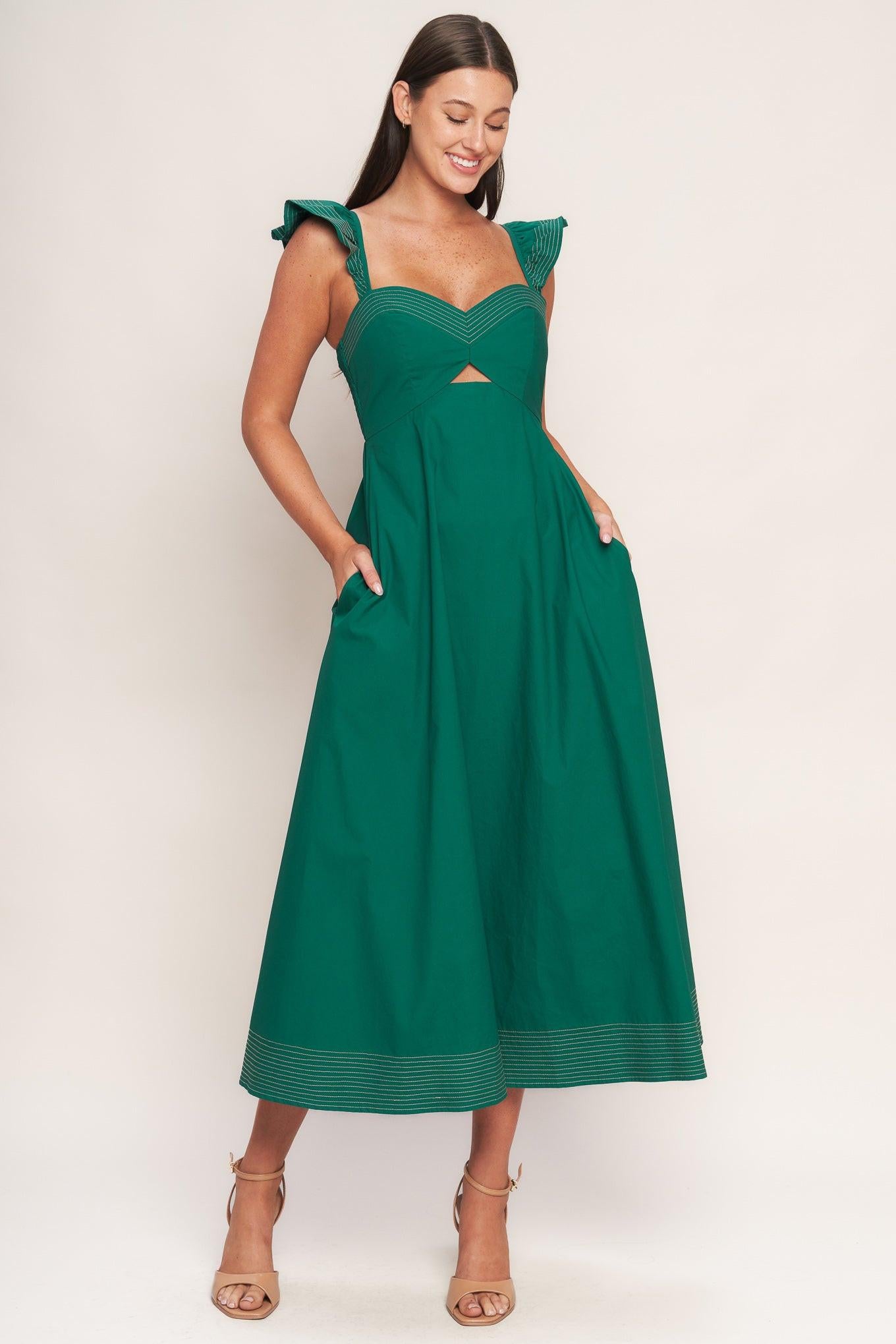 TUSCAN SUNSET GREEN WOVEN MIDI DRESS.