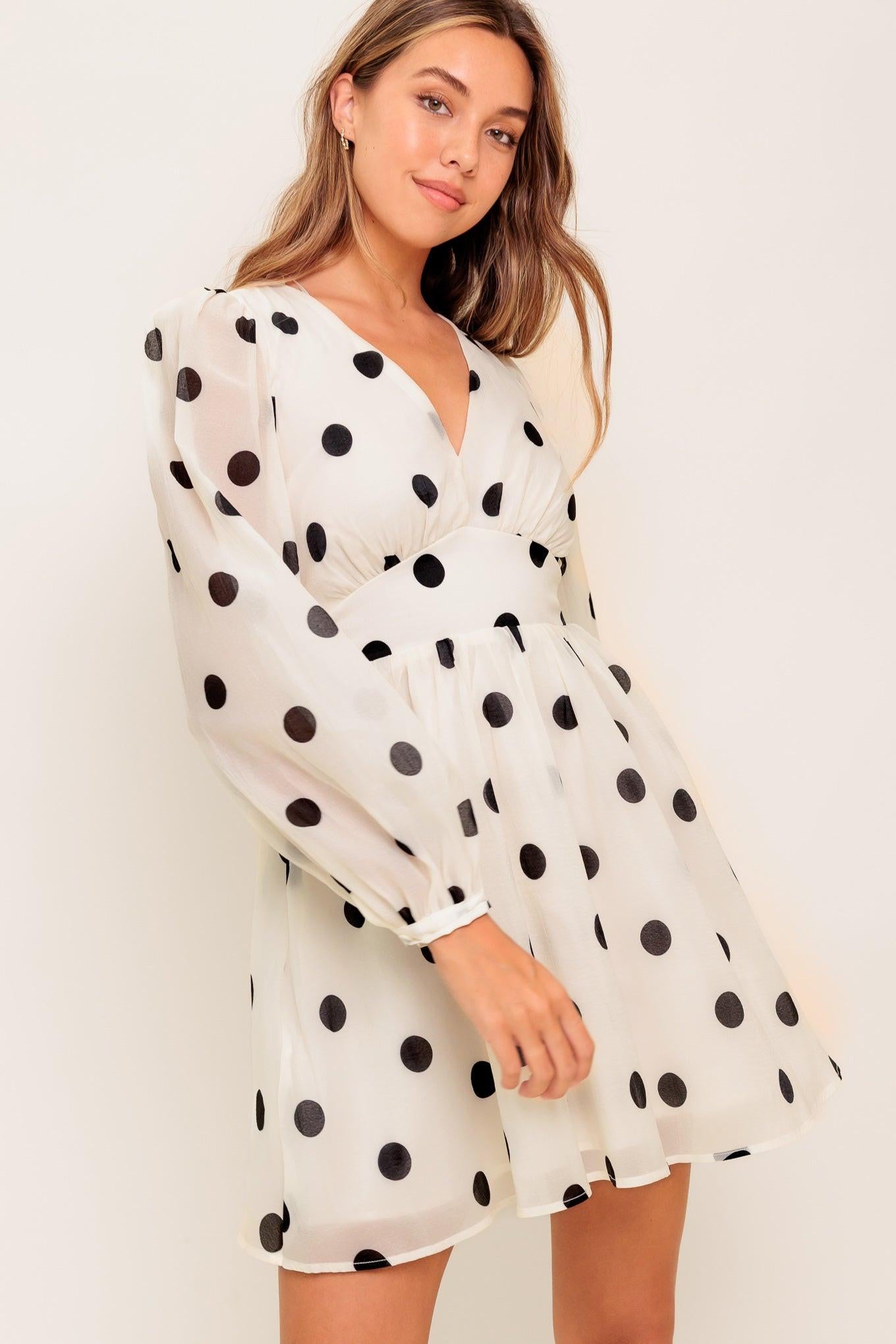 MONROE DOT CHIFFON WOVEN MINI DRESS.