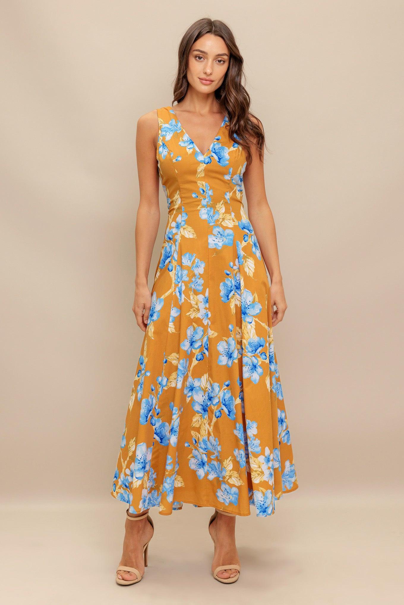 SKYBLOSSOM RUSH WOVEN MIDI DRESS.