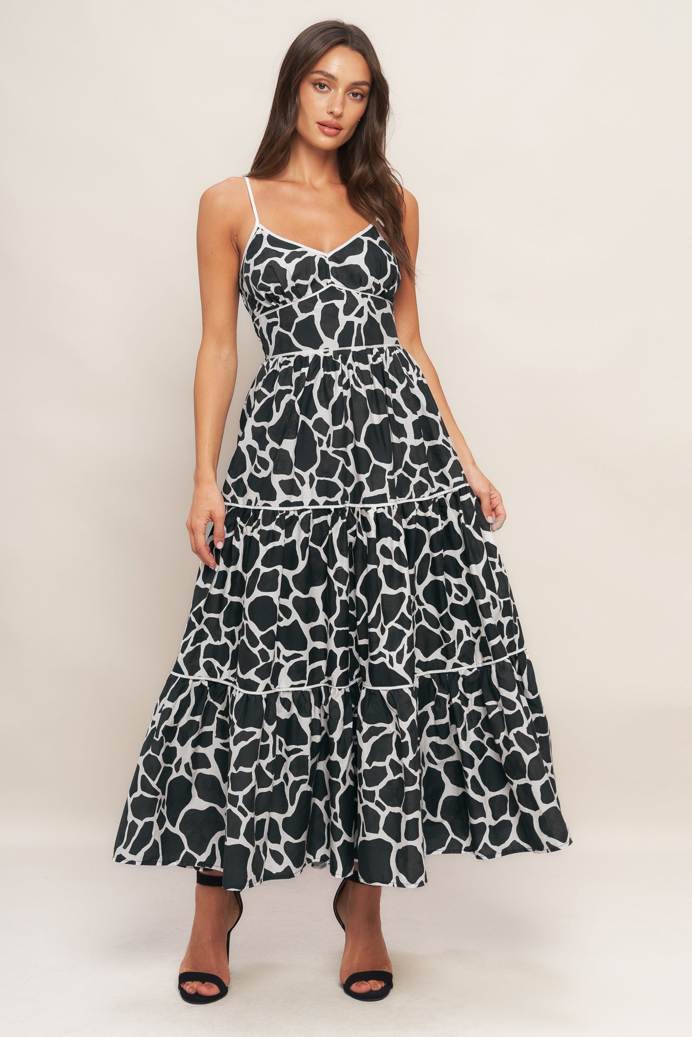 A printed woven midi dress featuring cami top, waist yoke, tiered skirt and smocked back bodice