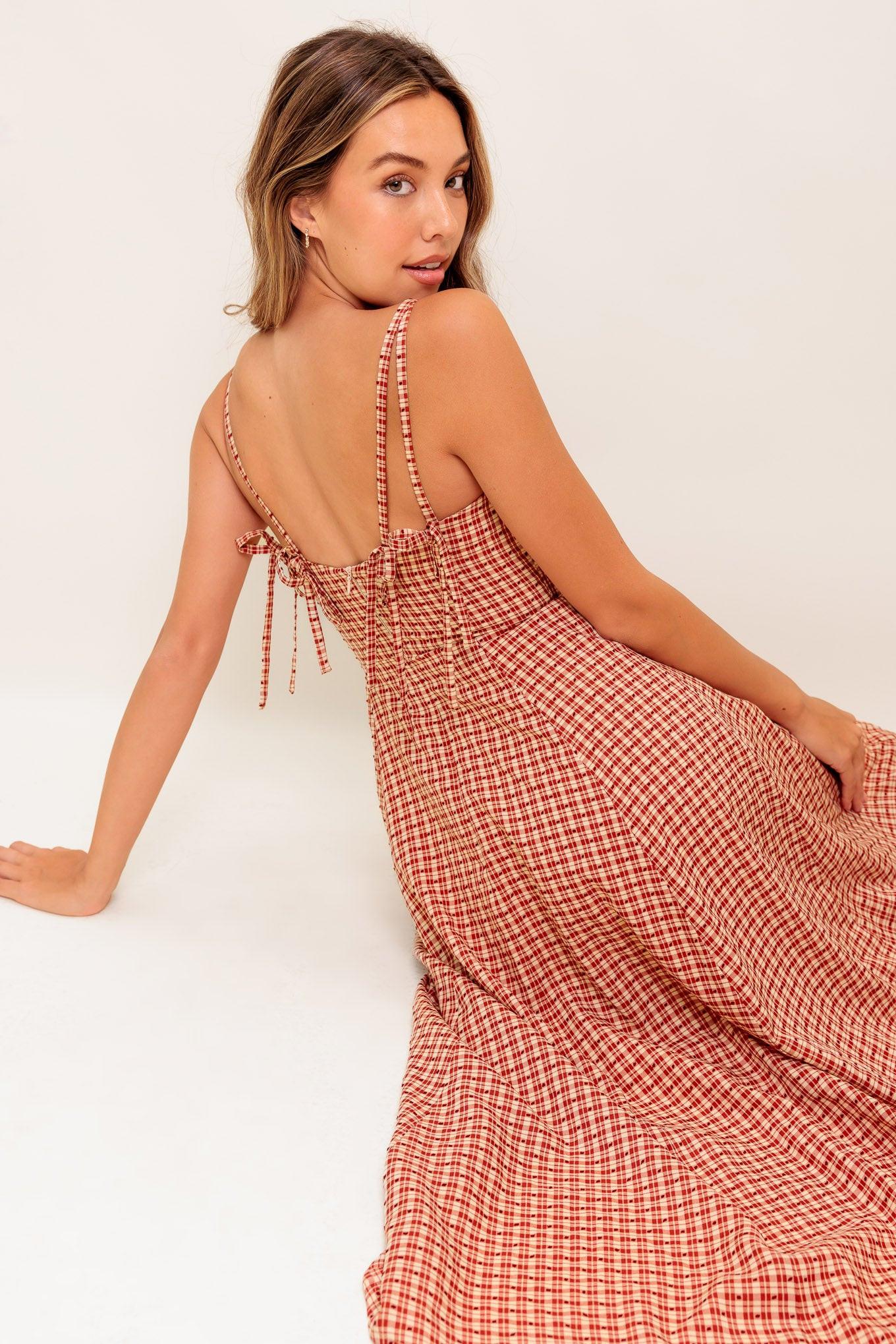 GINGHAM SUMMER WOVEN MIDI DRESS.