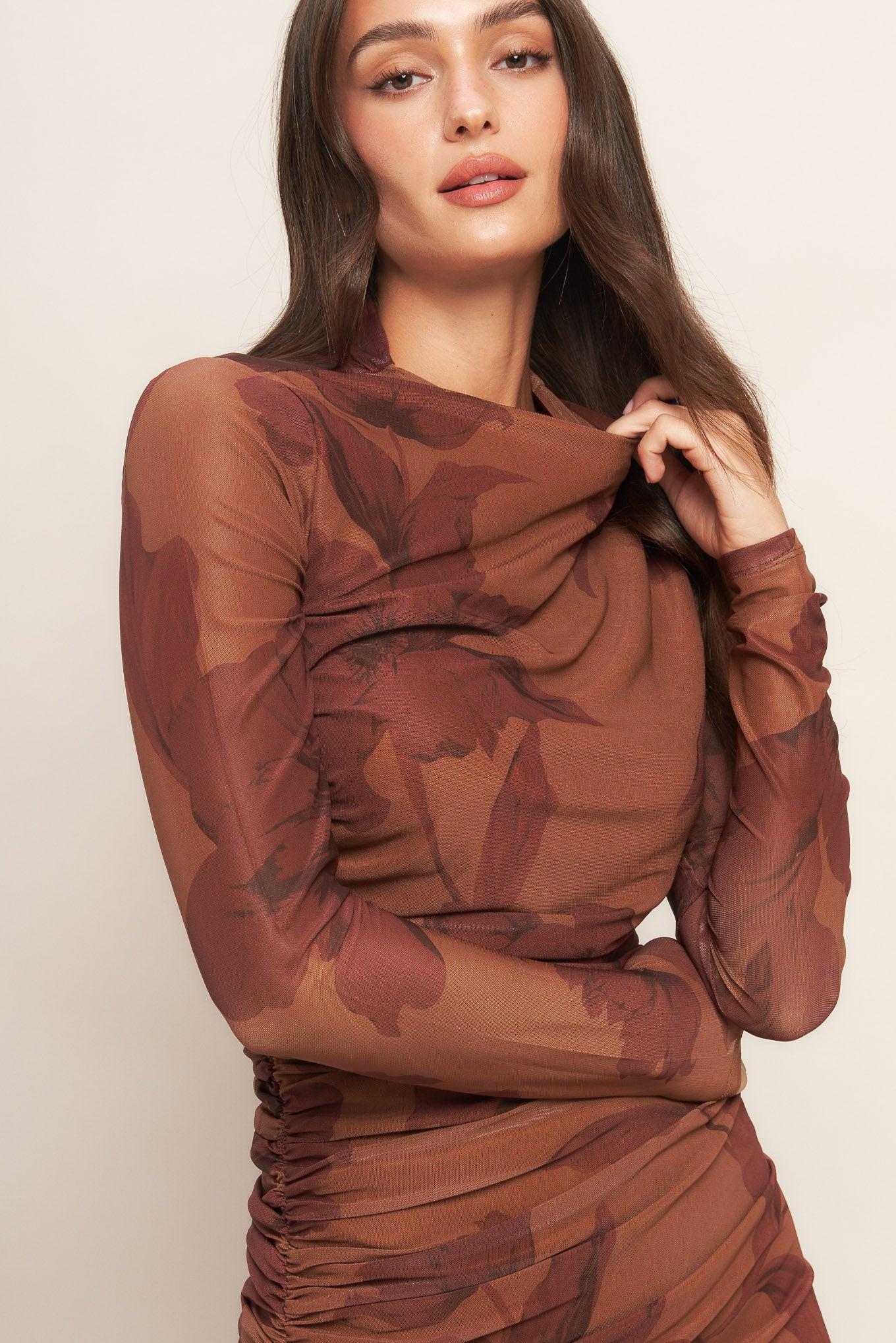 AMBER FLORA POWER MESH MIDI DRESS.