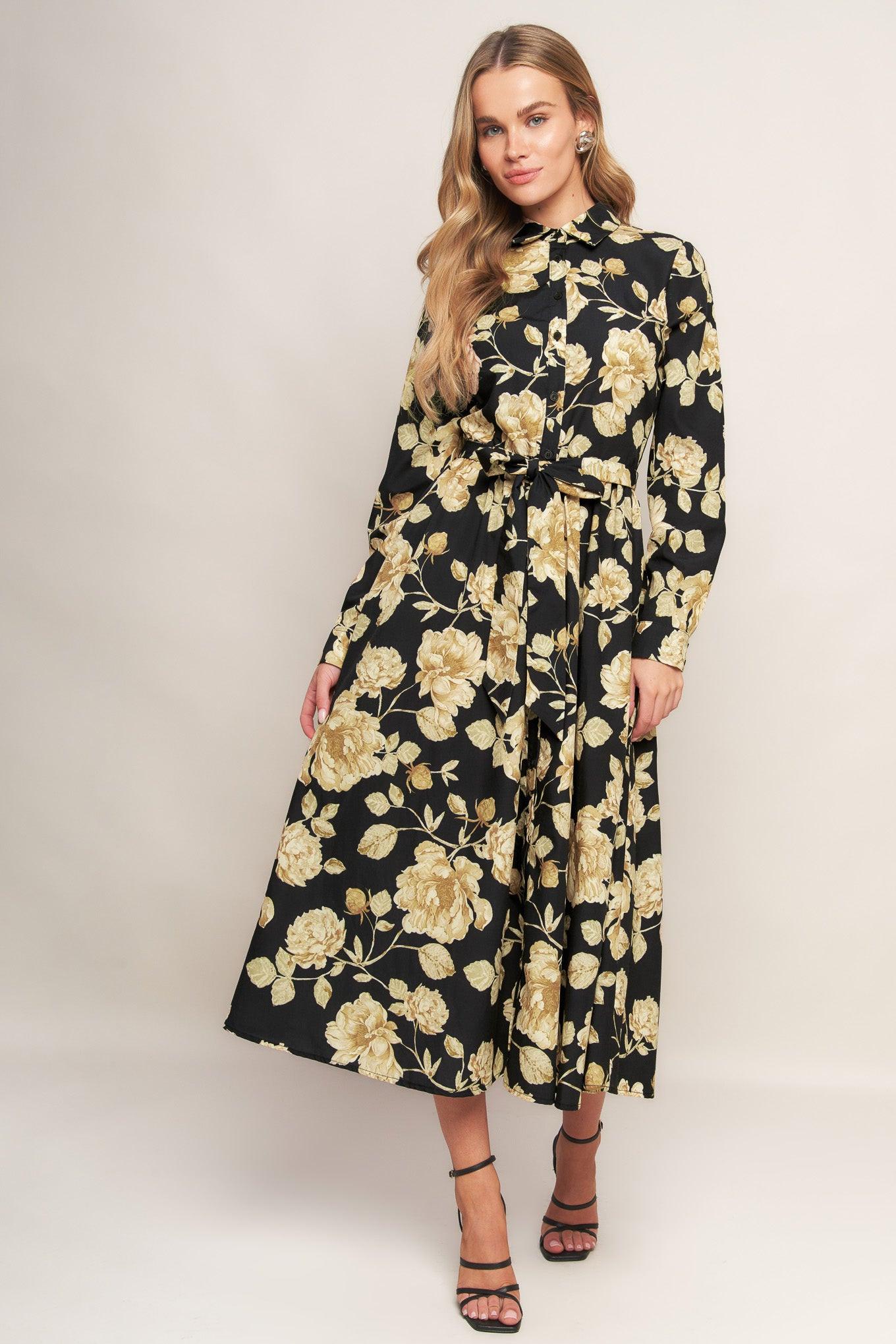 MIDNIGHT BLOOM BLACK WOVEN MIDI DRESS.
