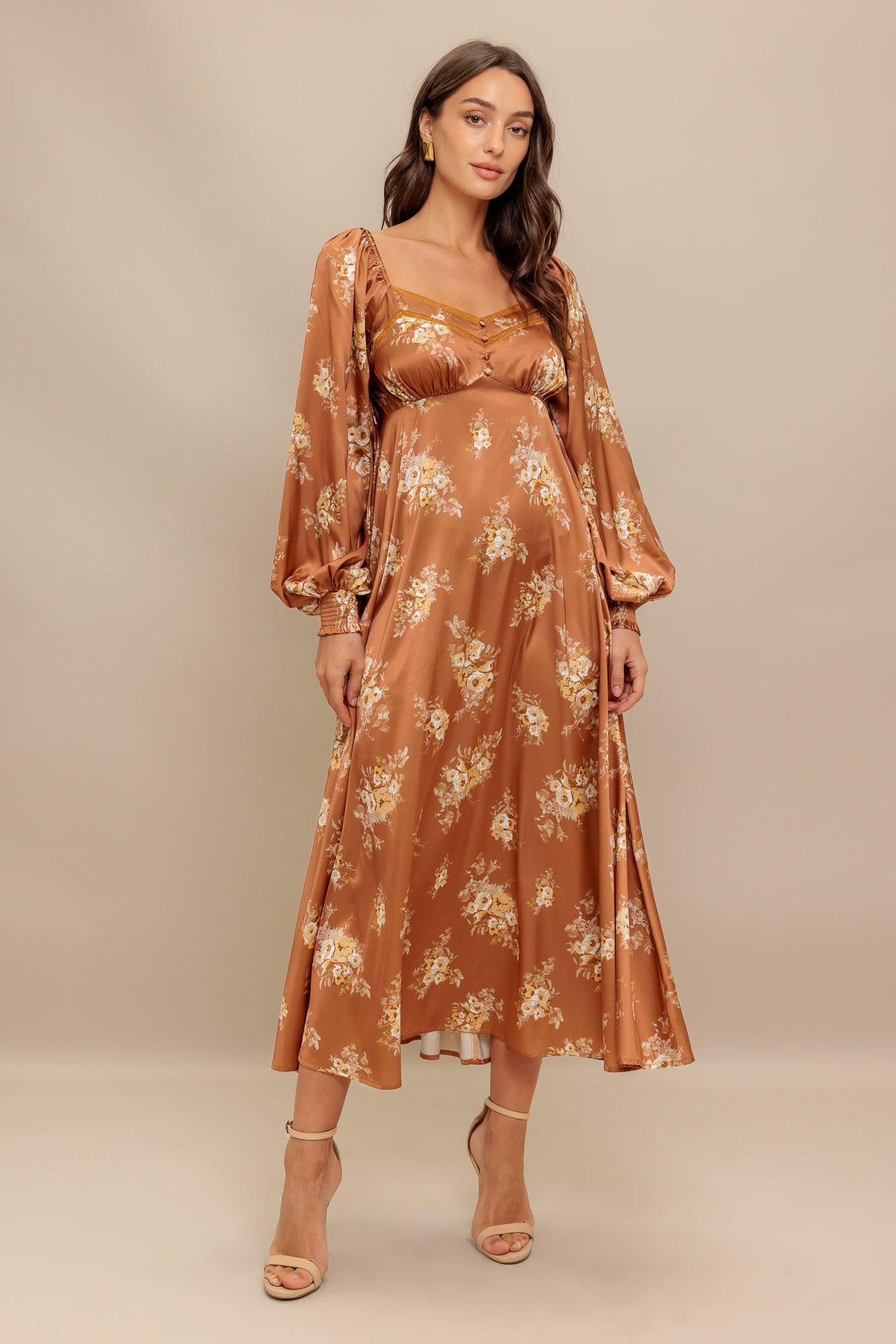 CARAMEL SUNSET WOVEN MIDI DRESS.
