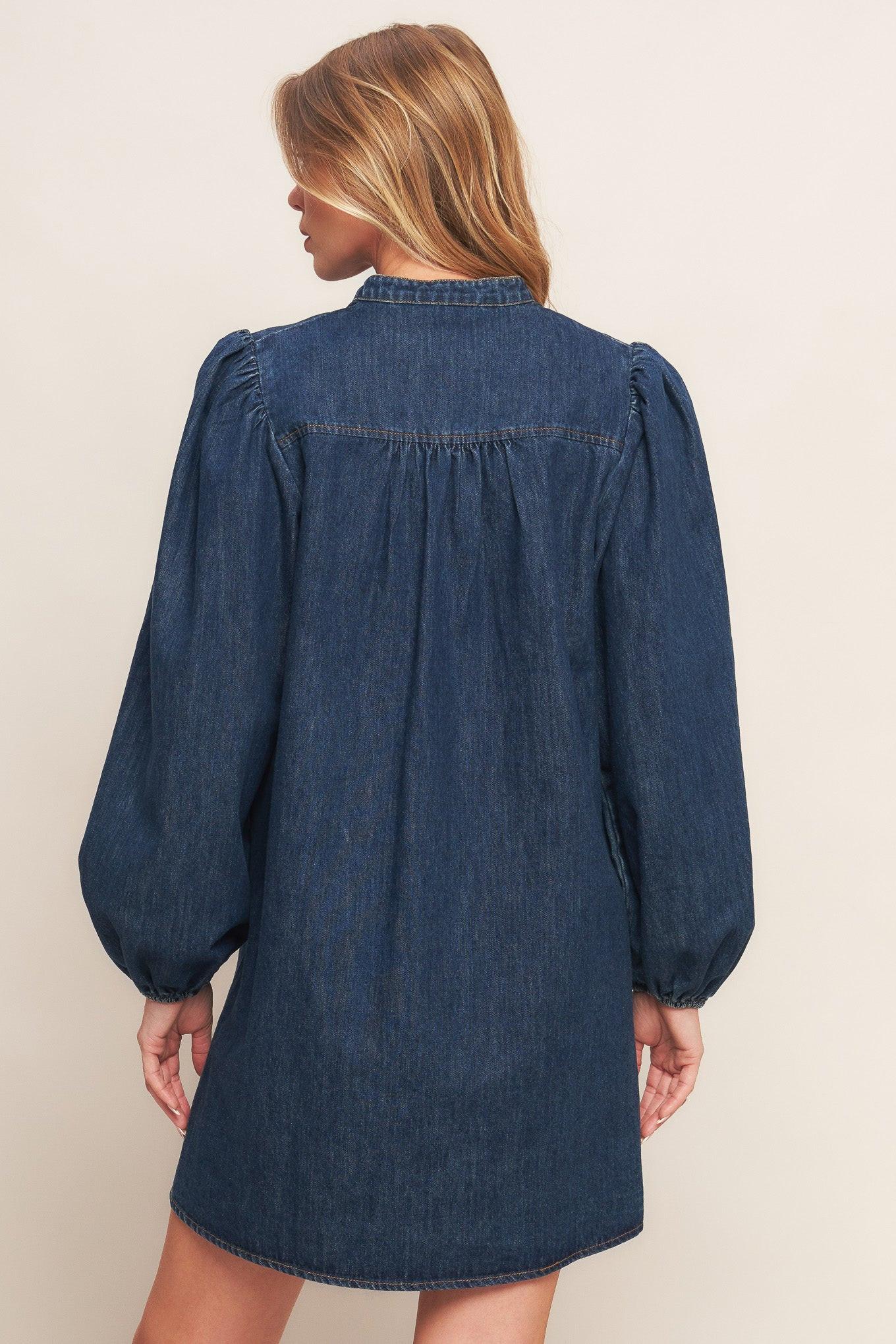 A washed denim mini dress featuring round neckline with V front, button down and long sleeve